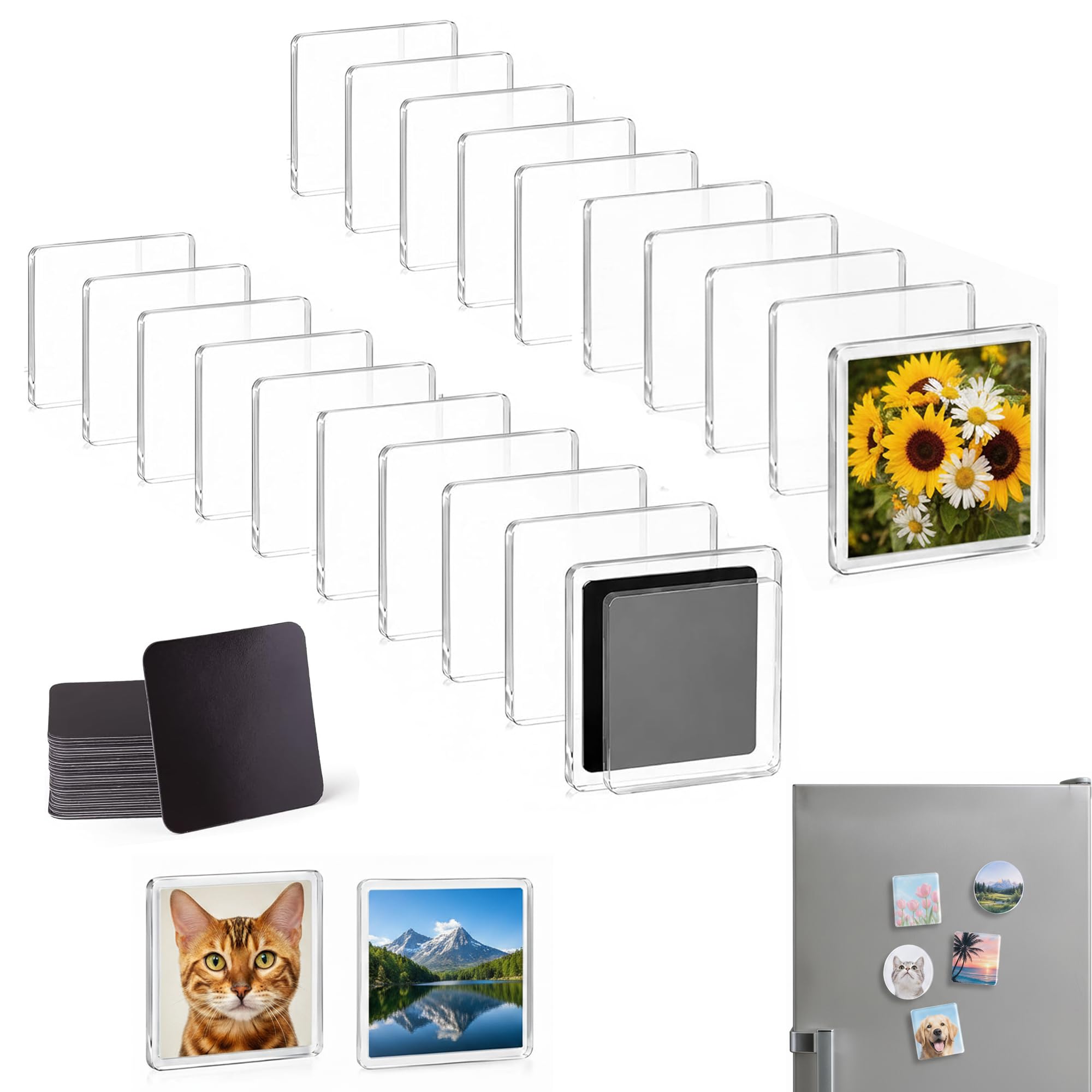20 Pcs DIY Acrylic Fridge Magnet Kit with Adhesive Backing | 2x2 Inch Square Magnetic Photo Frames Set for Crafts | Clear Refrigerator Magnets Maker for Customized Picture, Kitchen, Classroom Decor