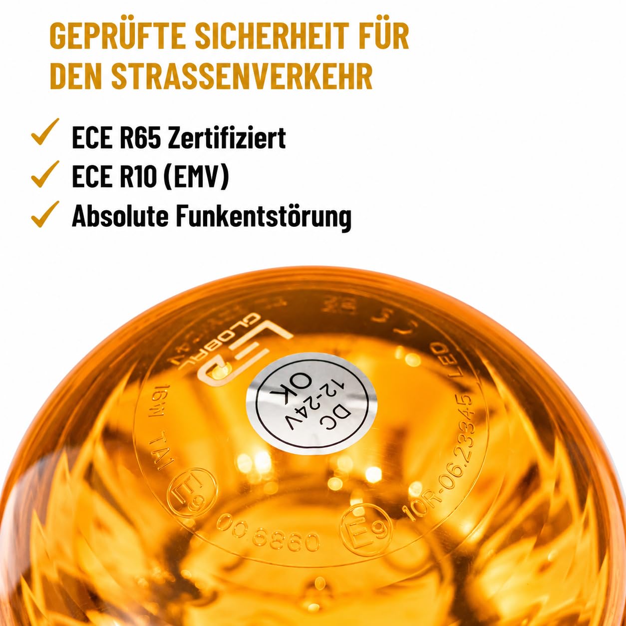 Rundumleuchte Magnet 12V 24V – LED Warnleuchte Orange mit Magnetfuß und Zigarettenanzünder-Stecker – 3 Blitzmuster, ECE R65 R10 StVZO Zulassung, IP67, für Traktor LKW Pannenhilfe
