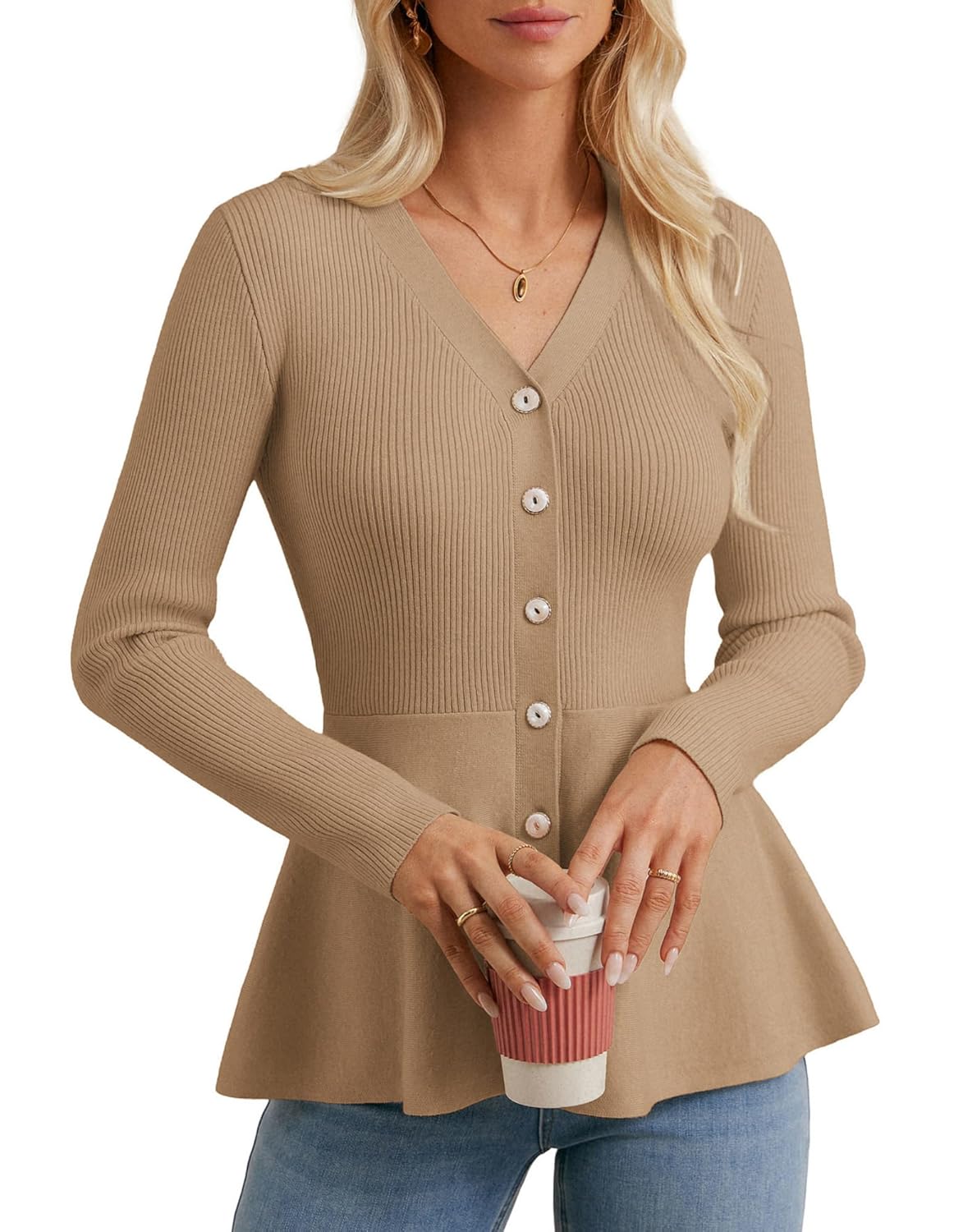 GRACE KARIN Long Sleeve Cardigan Sweaters for Women Button Up Knit Blazer Lightweight Business Casual Peplum Tops