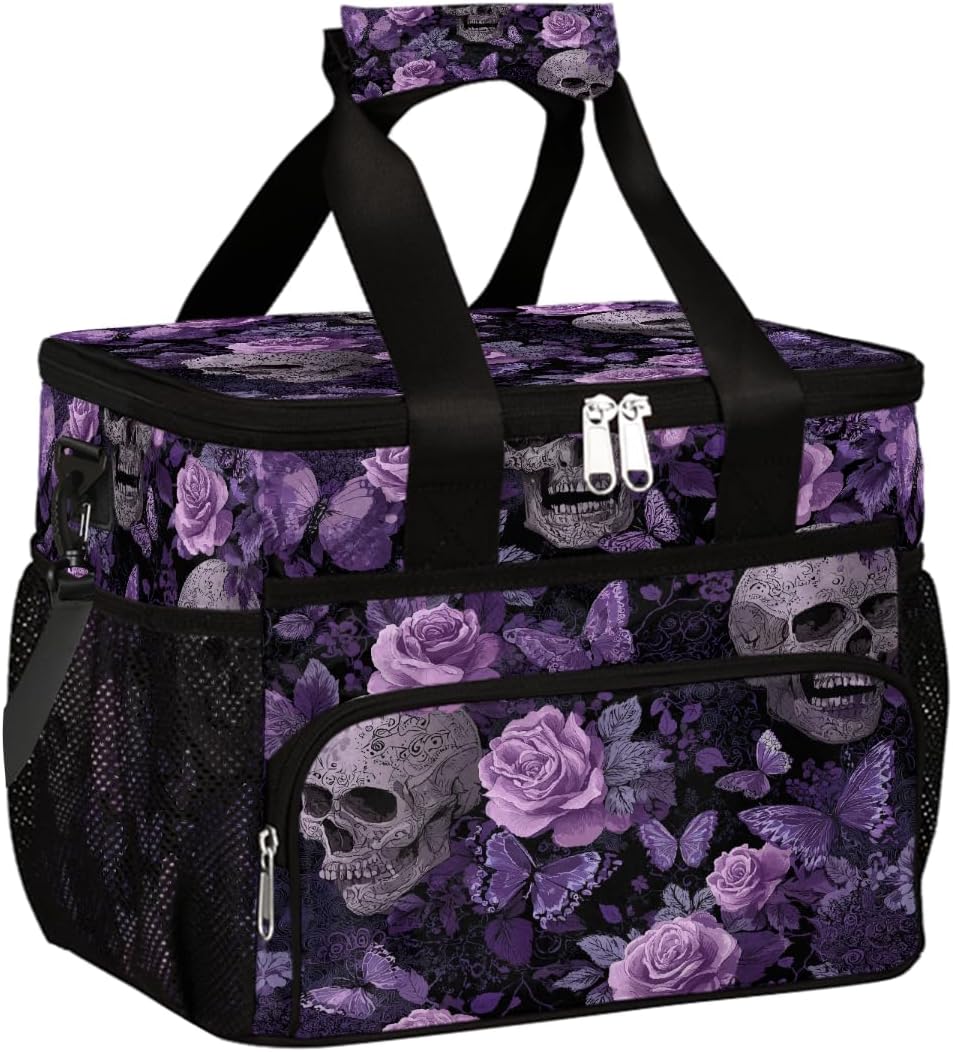 Large Lunch Box for Women Men Insulated Thermal Lunch Tote Bag Gothic Skulls Butterflies Reusable Cooler Bag Portable Adult Lunchbox Container with Adjustable Strap for Work Picnic
