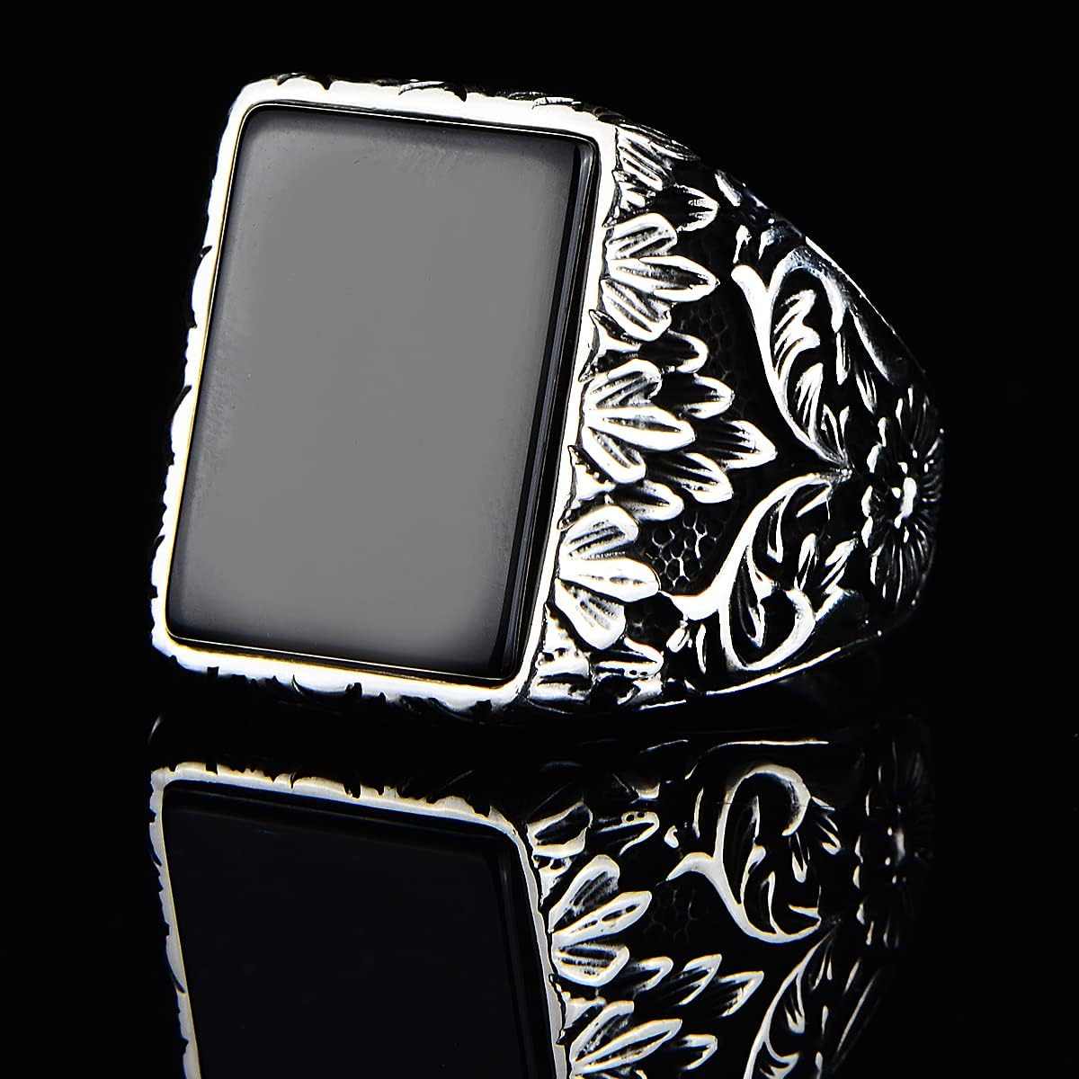 Mens Black Onyx Ring, Square Silver Onyx Ring, Ottoman Embroidered Men's Ring, Silver Anniversary Ring, 925k Sterling Silver Ring