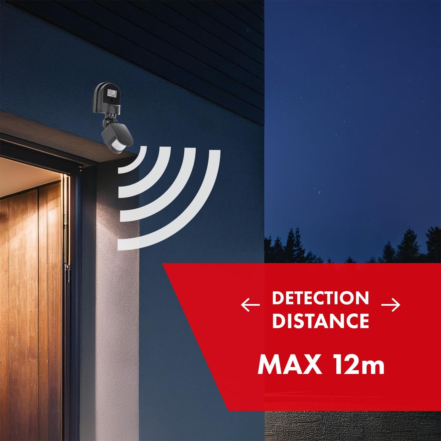 Maclean MCE25 motion detector showing maximum detection distance of 12 meters at night.