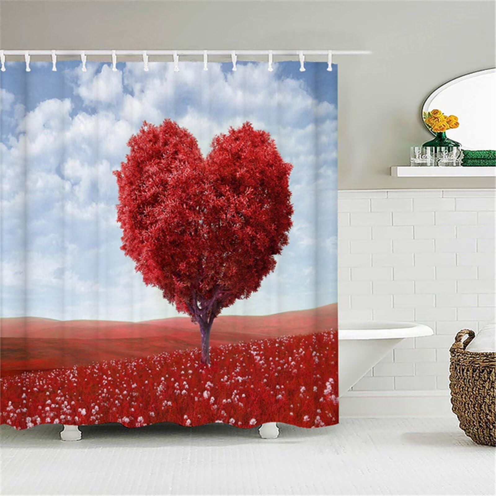 Arbre d'amour Rideau Douche W300cm x L200cm Rideaux de Douche Anti Moisissure Tissu Imperméable avec Crochets,Rideaux Lourd Polyester Lavable,3D Shower Curtain Baignoire Salle de Bains Decor M-98