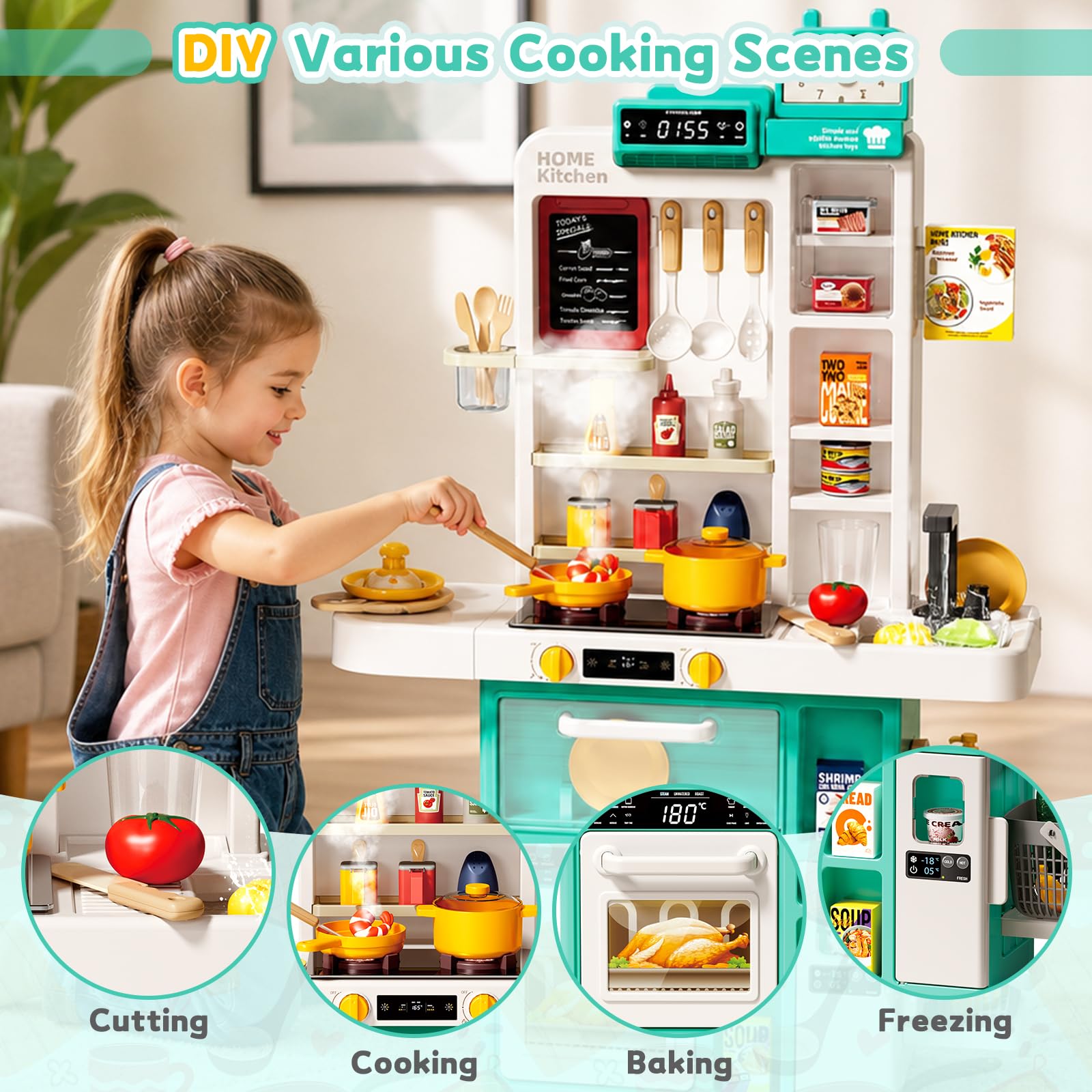 deAO Kinderküche 69 PCS Spielküche mit Licht, Kochsound & Flammeneffekt, Wasserfunktion mit Sprühnebel & Wasserhahn, Herd & Backofen- Geschenk für Kinder ab 3+ Jahre (Grün)