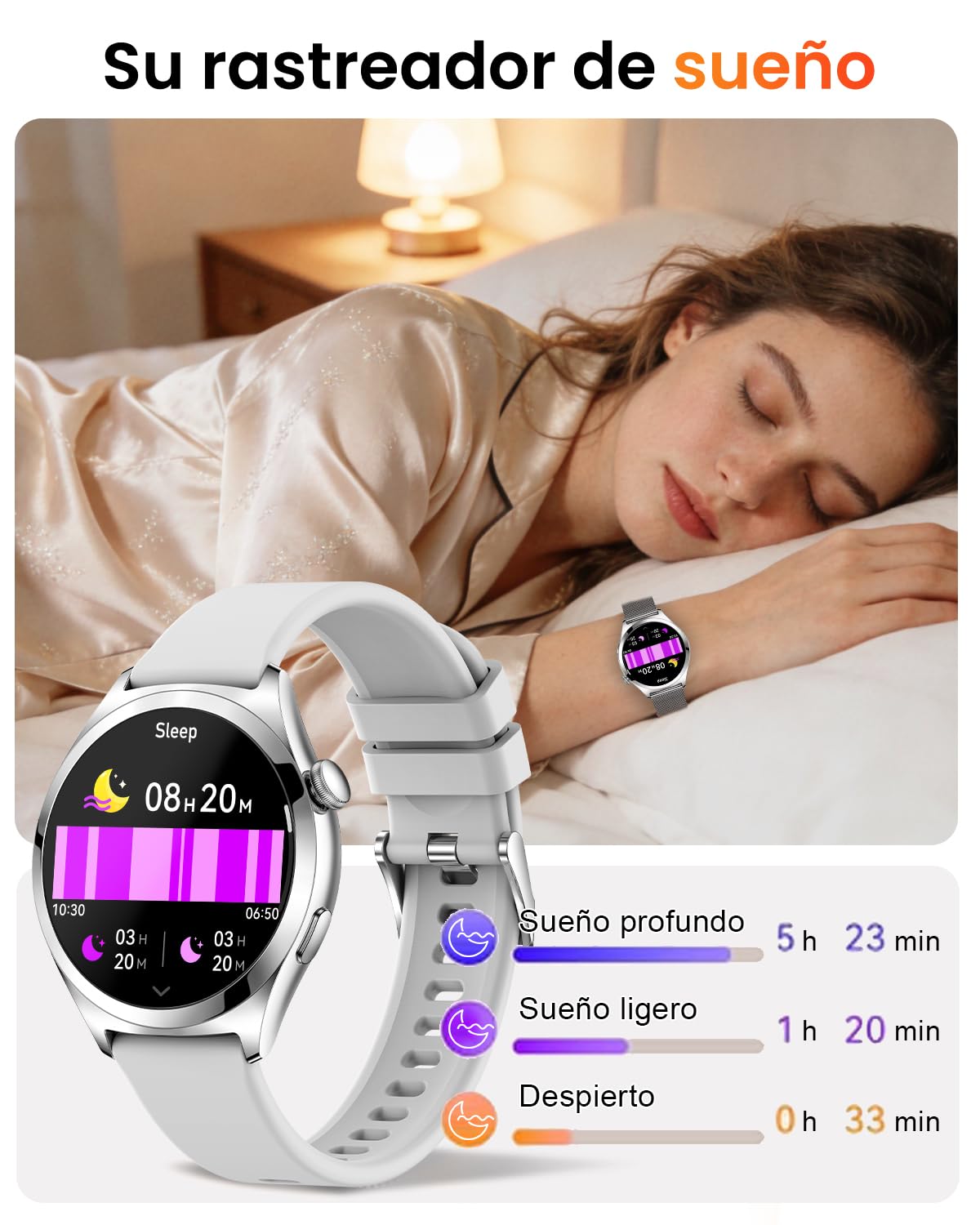 Reloj Inteligente Mujer Llamadas, Pantalla Curva HD de 1,27", Plata | Monitor de Frecuencia Cardíaca SpO2 Sueño, 120+ Modos Deportivos, Podómetro, IP68 Smartwatch Mujer, Android iOS, 2 Correas