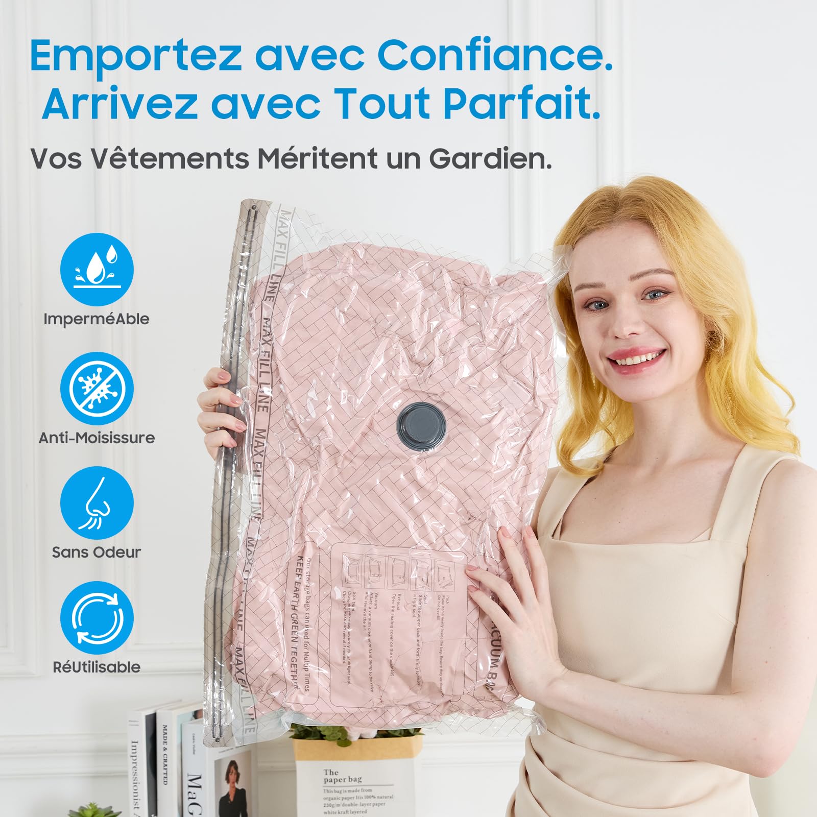 Sacs de compression pour vêtements avec pompe à vide sans fil, idéals pour le rangement gain de place à la maison et en voyage - Lot de 15 sacs (5x 40x50 cm, 5x 40x60 cm, 5x 50x60 cm)