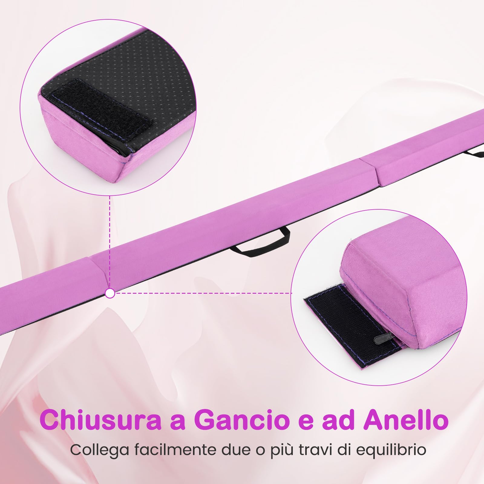 COSTWAY Trave Ginnastica per Bambini per Casa 210 cm, Trave di Equilibrio Pieghevole e Portatile con Manici, Copertura in Suede Rimovibile e Fondo Antiscivolo