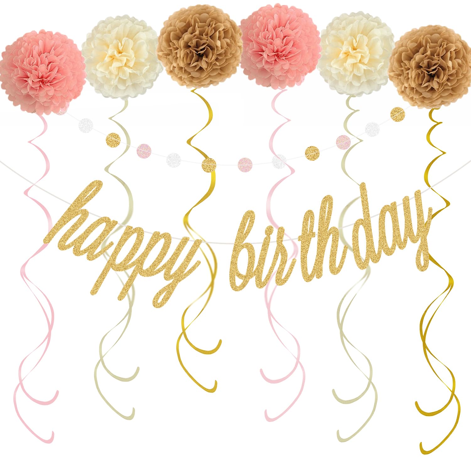 KOKAR Gold Retro Pink Happy Birthday Decorations – Gold Happy Birthday Banner, Paper Pom Poms, Hanging Swirls and Glitter Circle Dots Garland for
