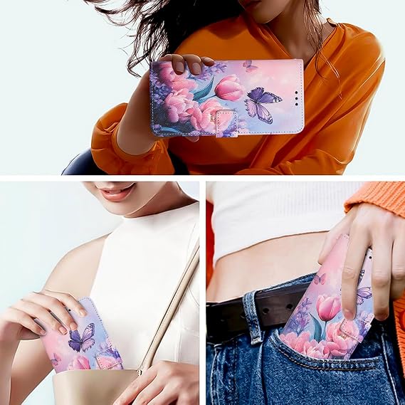 Wallet Flip Case for Tecno Pova 7 Ultra 5G PU Leather Pink Buterfly Flower Folio Case for Woman Handbag Pocket Card Slots Wrist Strap Phone Full Body Cover for Tecno Pova 7 Ultra 5G