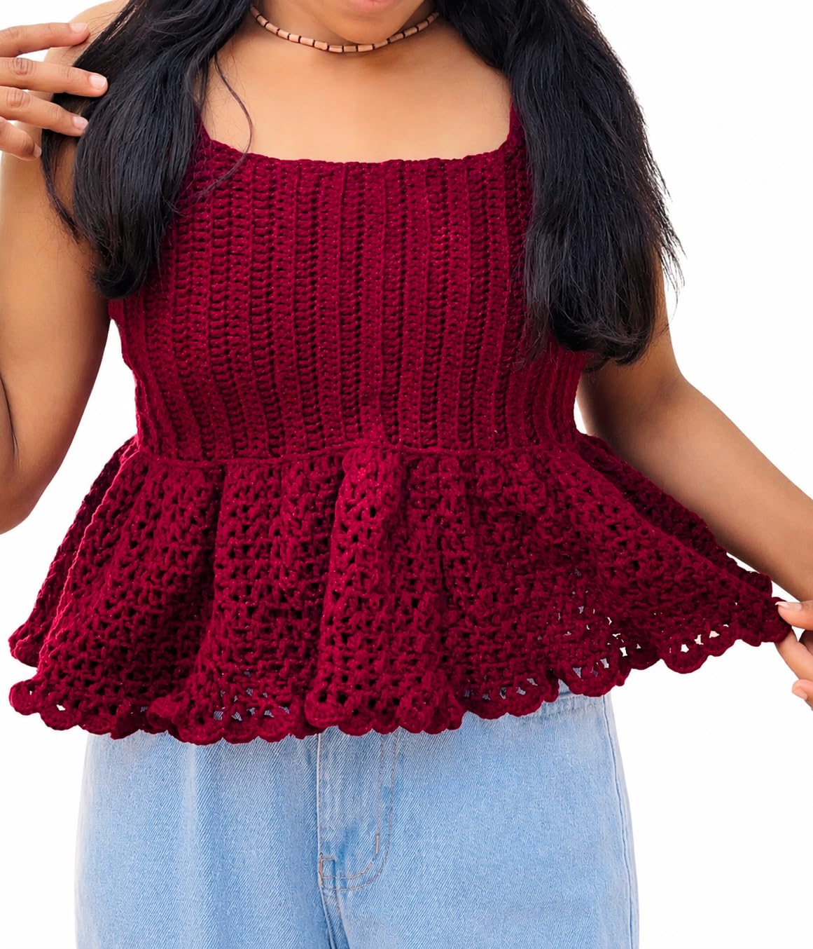 Women's Handmade Crochet Peplum Top, Woolen Babydoll Style, Square Neck with Tie-Up Straps, Burgundy-picture-30