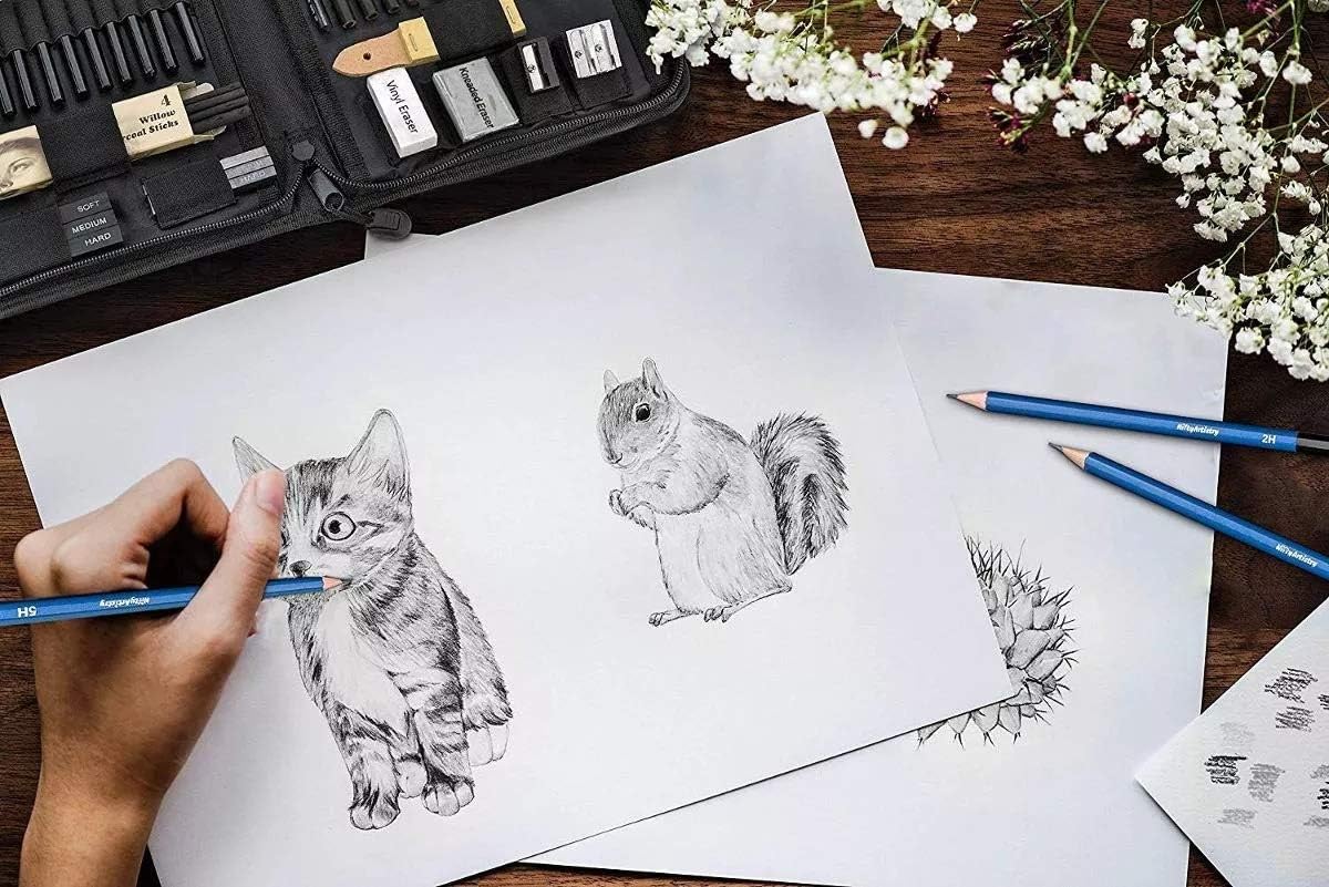 Drawing and Sketching Pencil Set in Zippered Carrying Case - The Essential Artist Supplies in a Compact, Protective, and Travel-Friendly 40-Piece Kit with Eraser, Pastels, Graphite and Charcoal Sticks