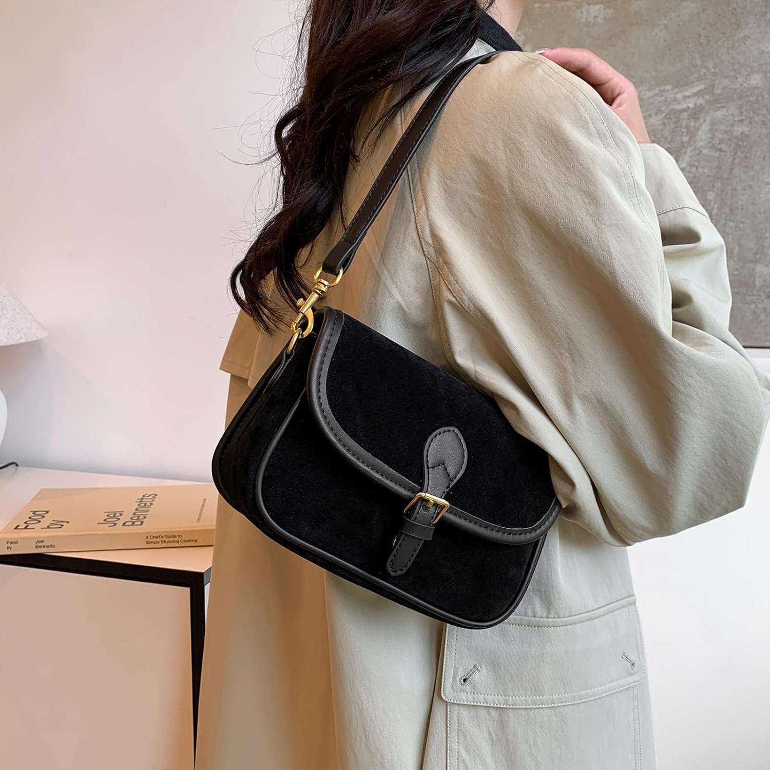 Suede Crossbody Bags for Women Small Suede Purse Retro Shoulder Bag Handbag with Two Straps - Image 2