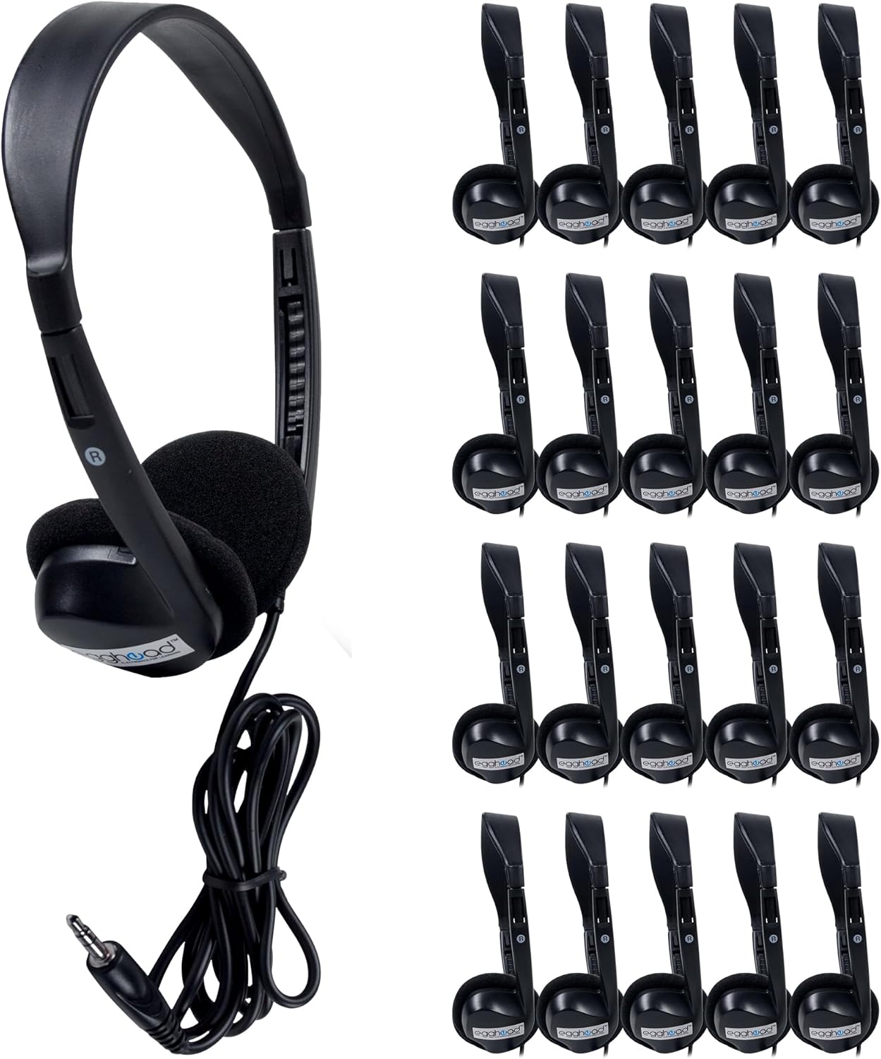Egghead Over-Ear Kids’ Stereo Headphones with 3.5 mm. Audio Jack and 4’3″ Cord, Adjustable Stereo School Headphones for Kids, Pack of 20, Black
