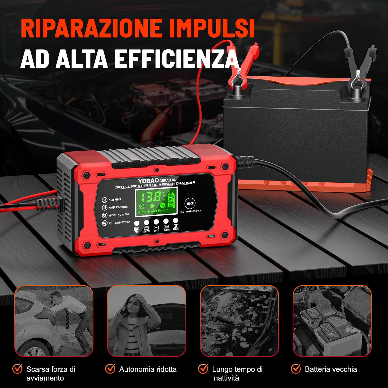 YDBAO Caricabatterie Auto 10A 12V Multi Protezioni Carica Batteria per Auto Intelligente Mantenitore di Carica Auto Moto con Schermo LCD per Moto, Barche, Auto, Batteria AGM, LiFePO4