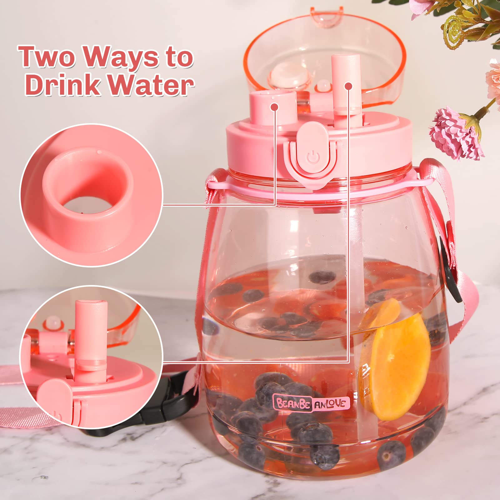 Wasserflasche mit Strohhalm 1275 ml rosa Kawaii ästhetische Wasserflasche für Frauen niedliche Wasserflaschen mit zwei Möglichkeiten Wasser zu trinken geeignet für Reisen lange Distanzen