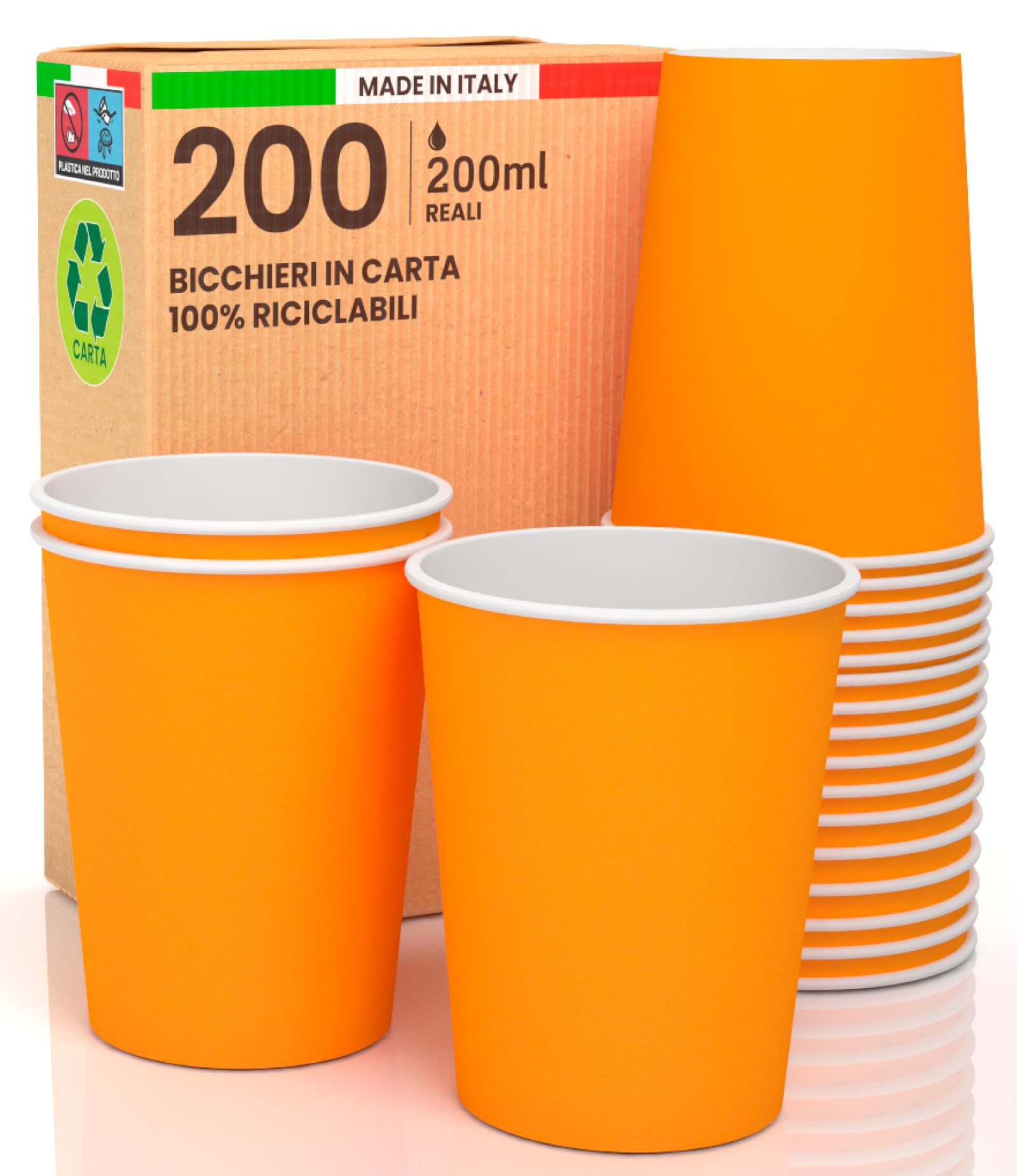 200 kubków papierowych 200 ml ekologicznych biodegradacji jednorazowe wyprodukowane we Włoszech na wynos gorące napoje kolorowe pomarańczowe - wyprodukowane i zapakowane we Włoszech