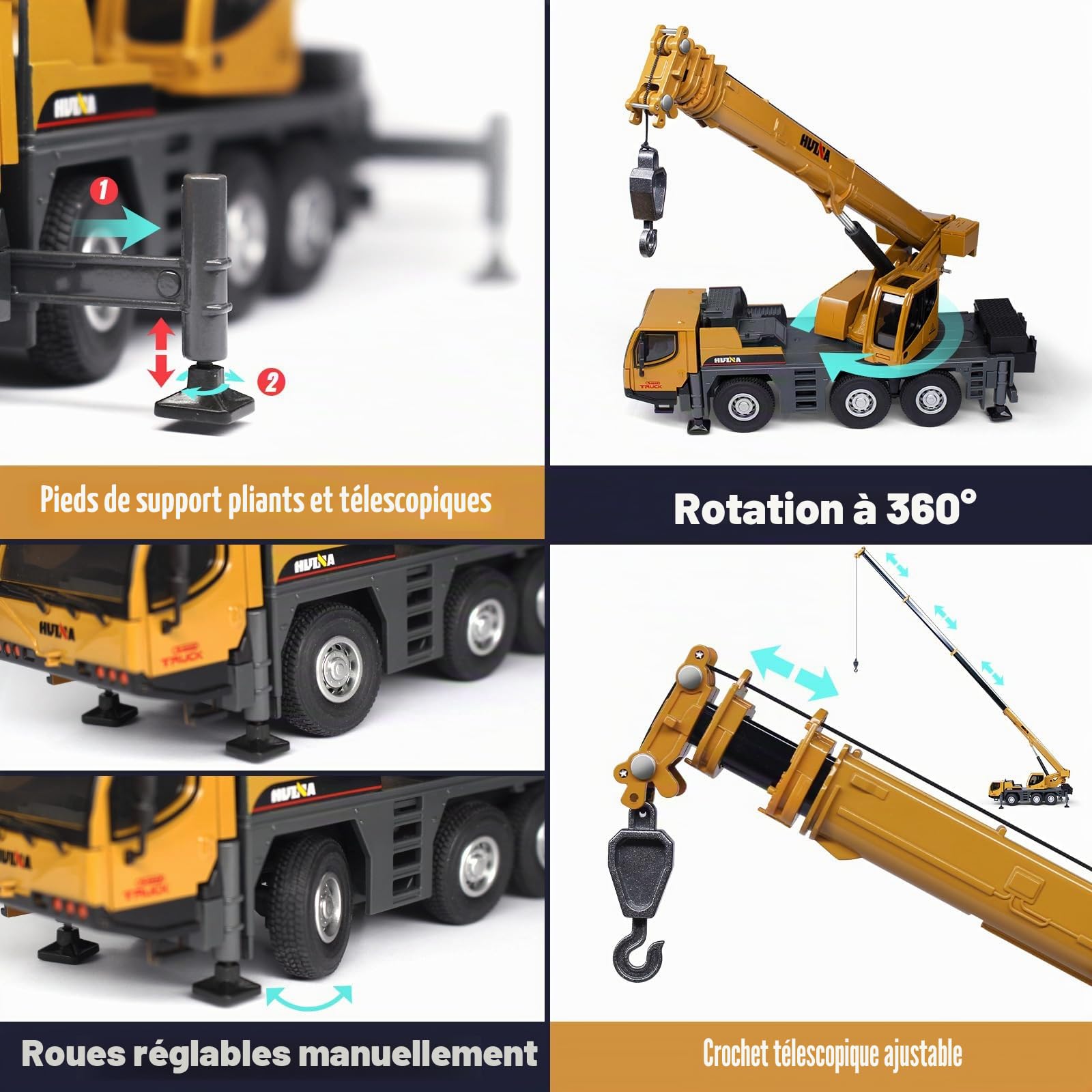 HUGMIE 1:50 Tracteur,Jouet Enfant avec Supports Extensibles,Alliages Camion,Grue Enfant,Tracteur Jouet pour garçons et Filles à partir 8 Ans