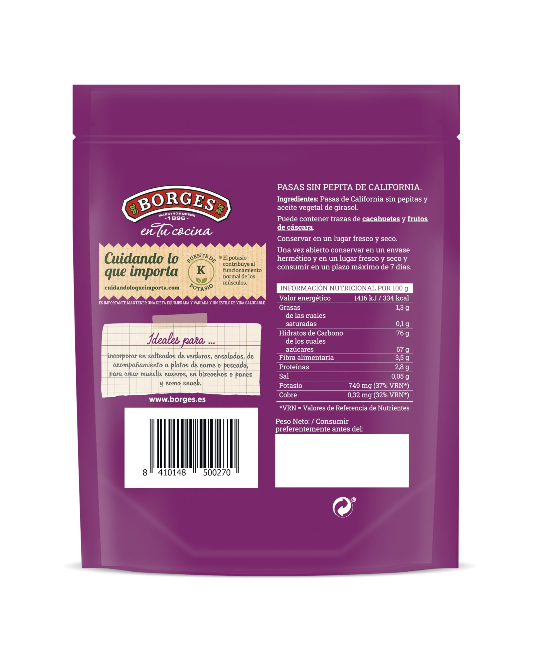 Borges - Pasas California Sin Pepitas Borges En tu Cocina - Alto contenido en vitamina A y B3, Potasio, Magnesio y Calcio - Sin Aceite de Palma, Vegano - Paquete de 150 gramos.