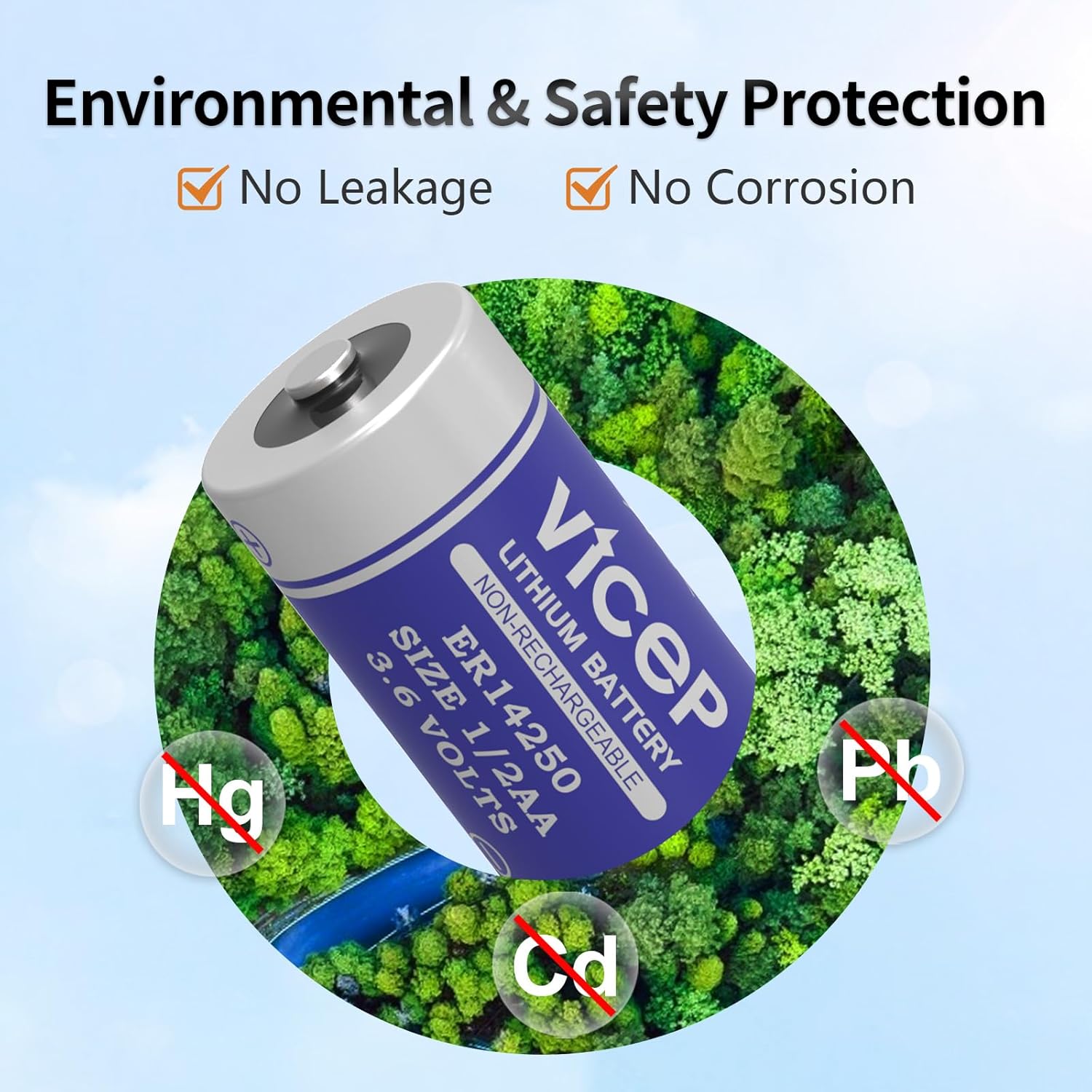 60-Pack ER14250 3.6V 1/2AA Lithium Battery LS14250 Li-SOCL₂ 1200mAh for Home Security System, Movement Monitor, Dog Collar, Meter Reading System, Non-Rechargeable