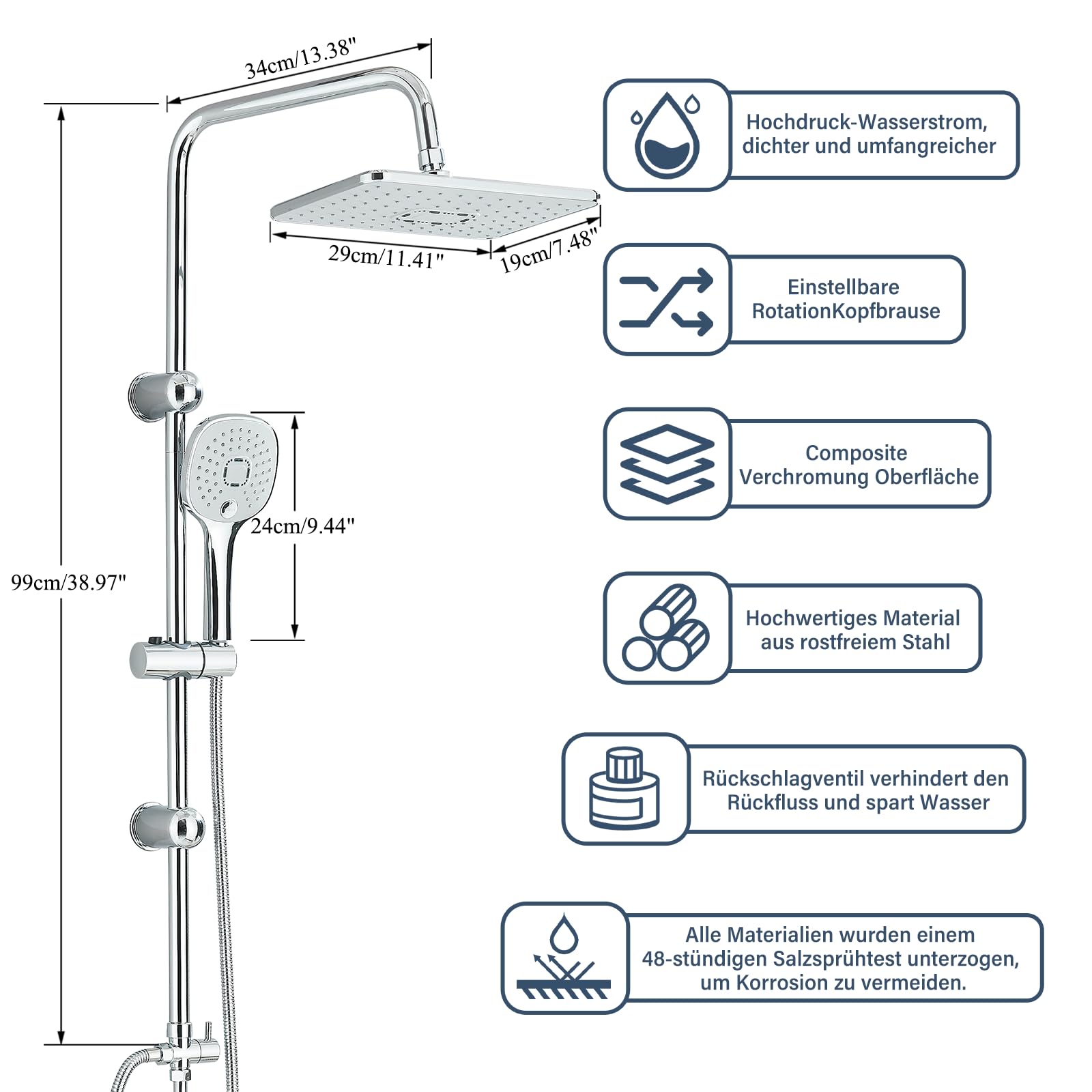 Colonne de Douche sans Mitigeur Chromé Acier Inoxydable Ensemble de Douche avec Carrée Douchette und Pommeau de Douche 29x19cm Salle de Bain