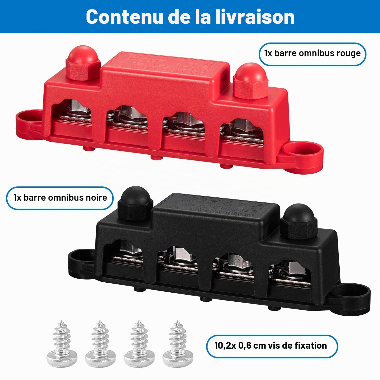 Spurtar Bloc de Distribution 12V 24V 48V DC 250A BusBar avec 4 x M10 Boulons et 3 x M4 Vis, 16,5 × 3,4 × 4,8 cm – Ne Convient Pas aux Espaces Étroits