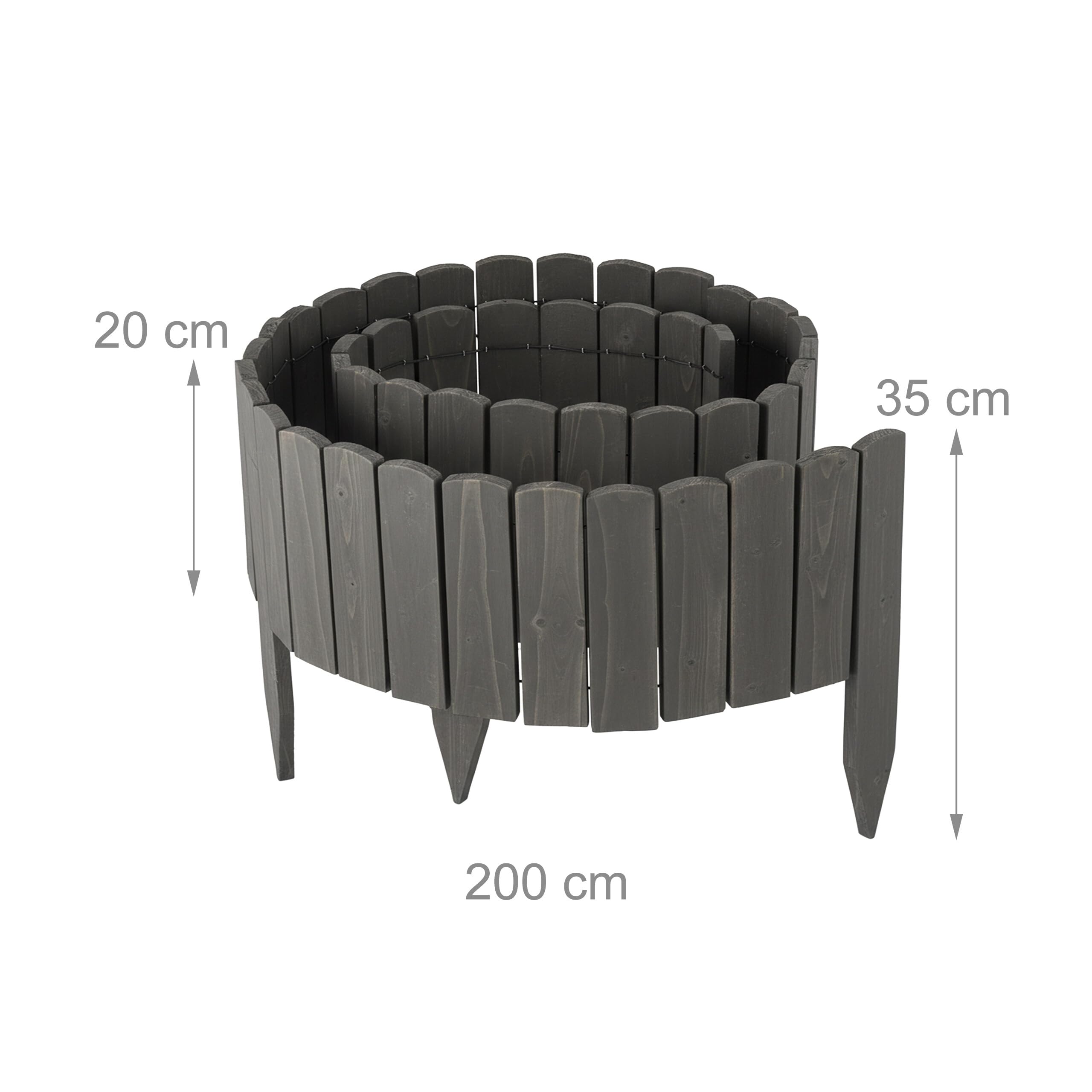 Relaxdays Valla para Parterres, 200 cm, Flexible, Parte Visible 20 cm, para Hincar, Madera, Borde Césped, Gris Oscuro