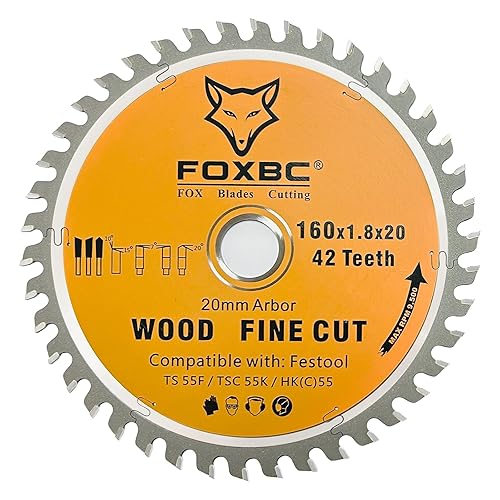 FOXBC 205561 Hoja de sierra de pista 6.299x0.071x0.787 in WD42 diente de madera corte fino para Festool TS 55 F, TSC 55 K, HK 55 y HKC 55