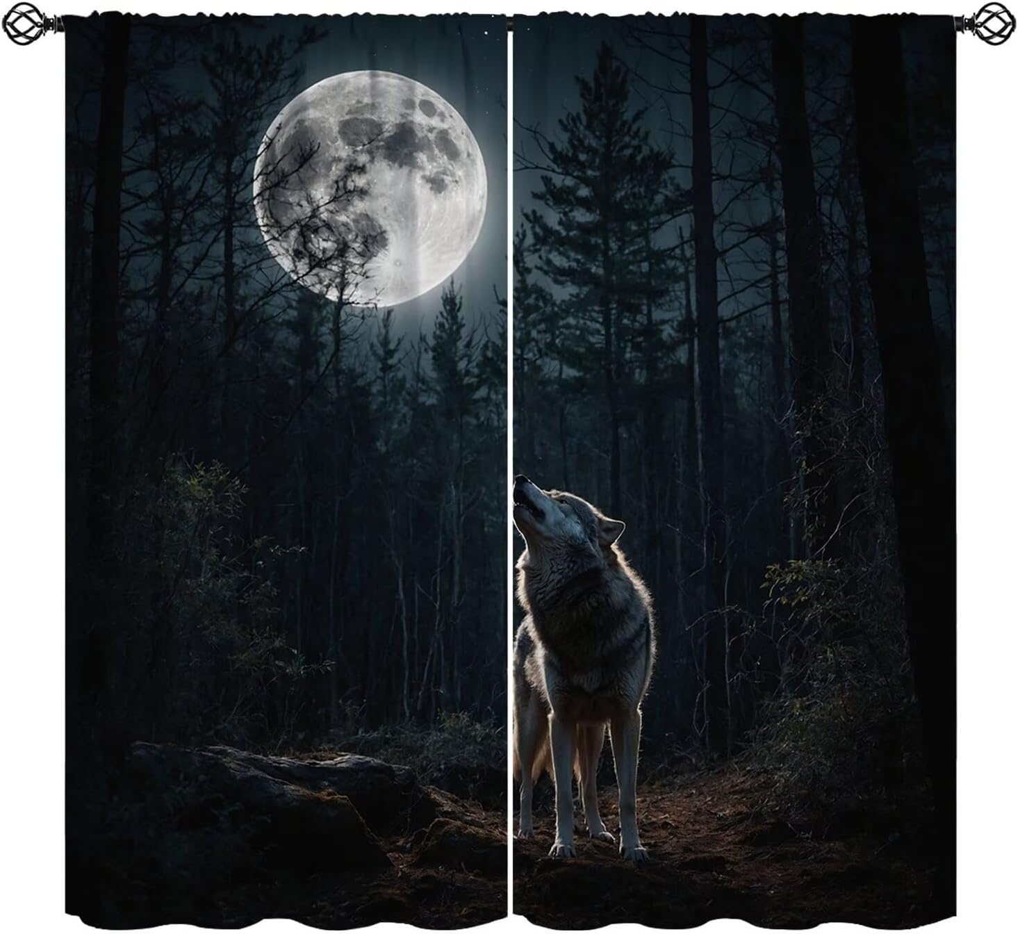 Wildlife Wolf Curtains Gothic Village Moon Forest Wildlife Window Treatment for Girls Boy Living Room Bedroom Home Decor Window Drapes 42" W X 45" L
