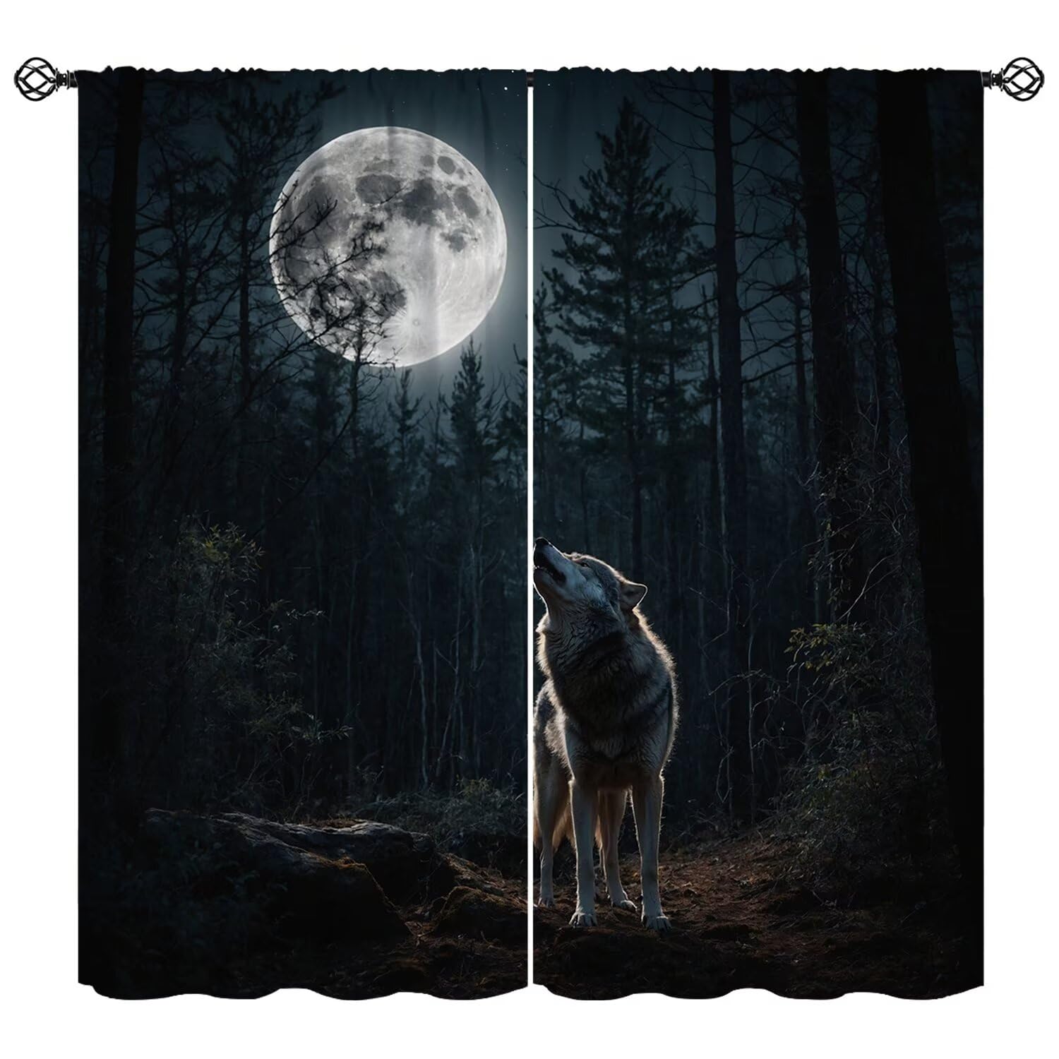 Wildlife Wolf Curtains Gothic Village Moon Forest Wildlife Window Treatment for Girls Boy Living Room Bedroom Home Decor Window Drapes 42" W X 45" L