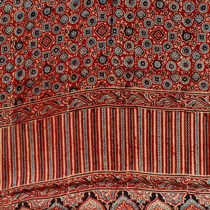 Image of Ethnics of Kutch Womens Ajrakh Modal Silk Natural Dye Golden Border Hand Block Print Saree with Blouse Piece - 5.5 Mtr Length (Red 05C01D)