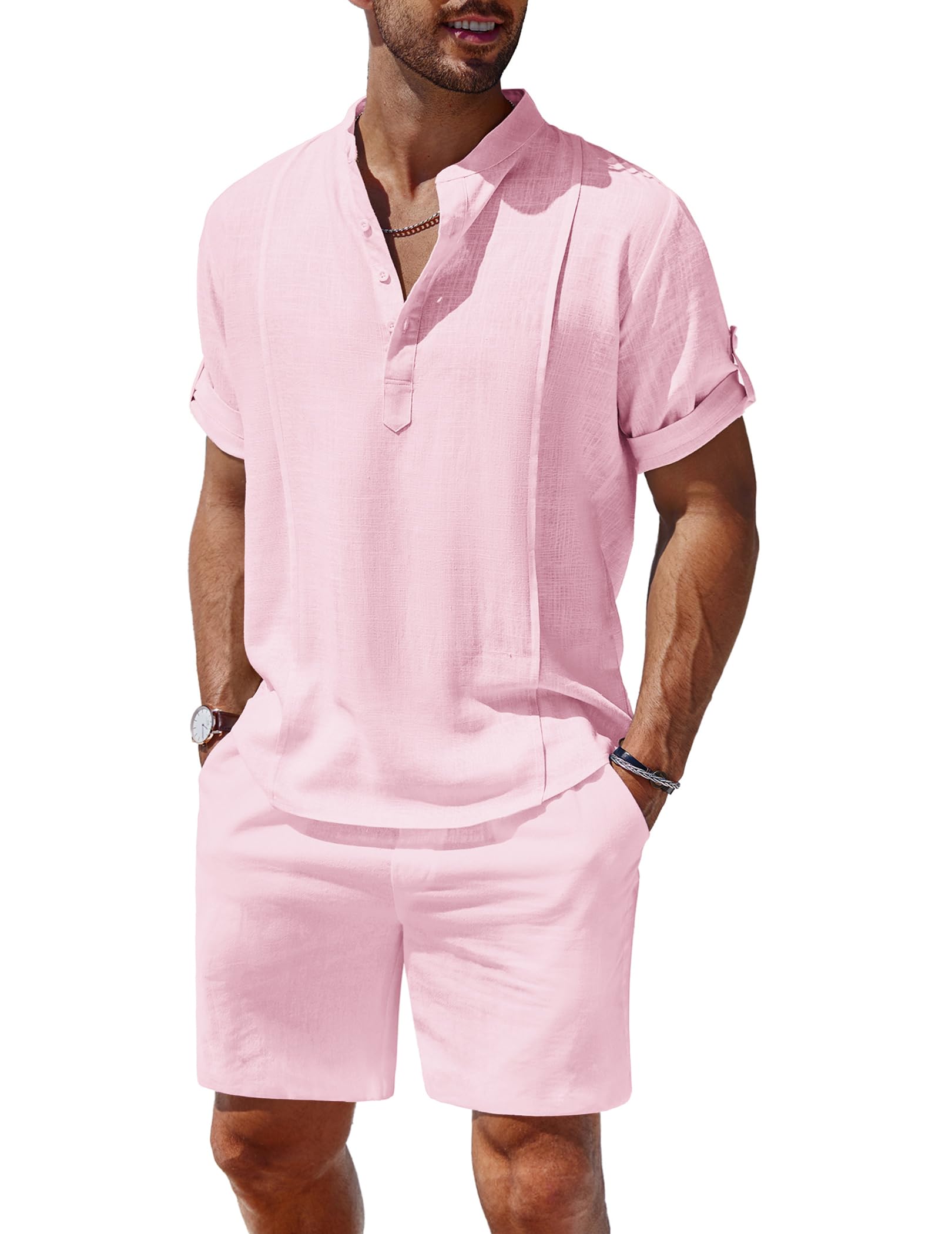 COOFANDY Set da uomo in lino da 2 pezzi, camicia Henley a maniche corte e pantaloncini, estivo, da spiaggia, yoga, abiti abbinati