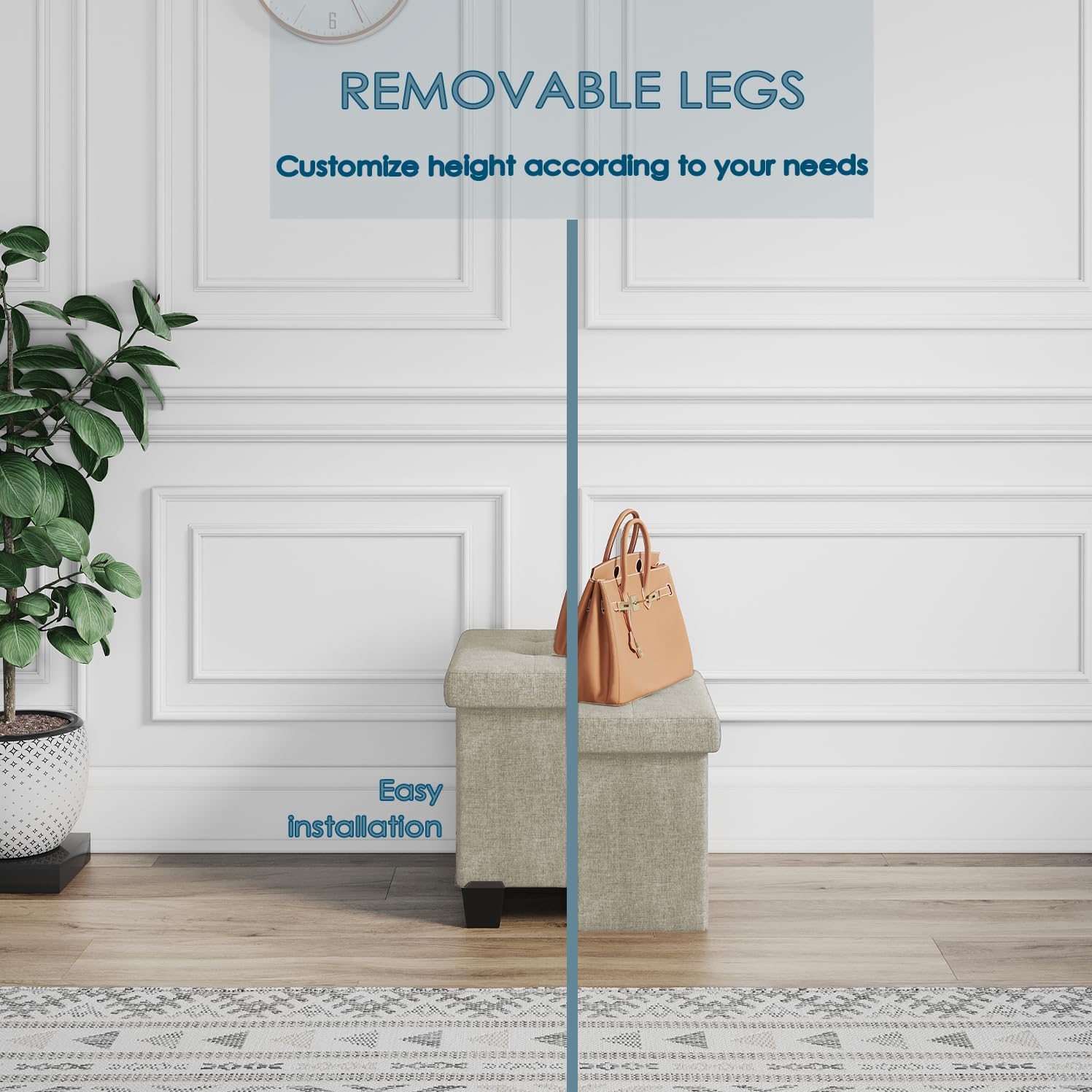 Storage Ottoman Cube with Storage Bin, 15-In Square Ottoman with Storage for Living Room and Bedroom, Foot Stools Ottoman, Small Ottoman Foot Rest, Storage Chest Max 660lbs, Fabric Ivory Ottoman