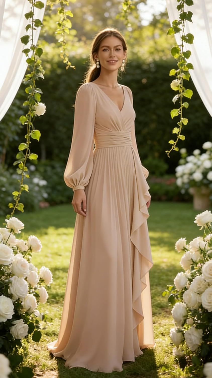 Long Sleeve Bridesmaid Dress Ruffle Chiffon Formal Dresses V Neck Pleated Formal Evening Gown with Pockets - Image 4