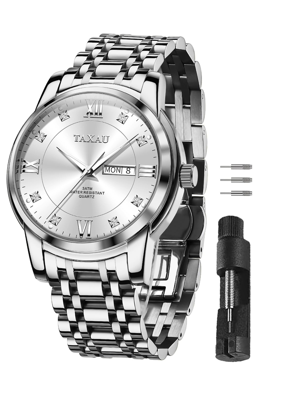 Taxau Herren Armbanduhr Quarz Analog Klassische Herrenuhr mit Edelstahlarmband und Datumsanzeige,30M Wasserdicht Elegante Business Uhr für Büro,Freizeit,Geschenk für Männer