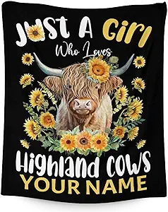 Personalized Highland Cow Blanket Gifts with Name - 60x80 Inches Cute Throw Blanket for Girls - Black Soft Fuzzy Blankets for Bed, Couch & Living Room