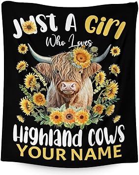 Personalized Highland Cow Blanket Gifts with Name - 60x80 Inches Cute Throw Blanket for Girls - Black Soft Fuzzy Blankets for Bed, Couch & Living Room
