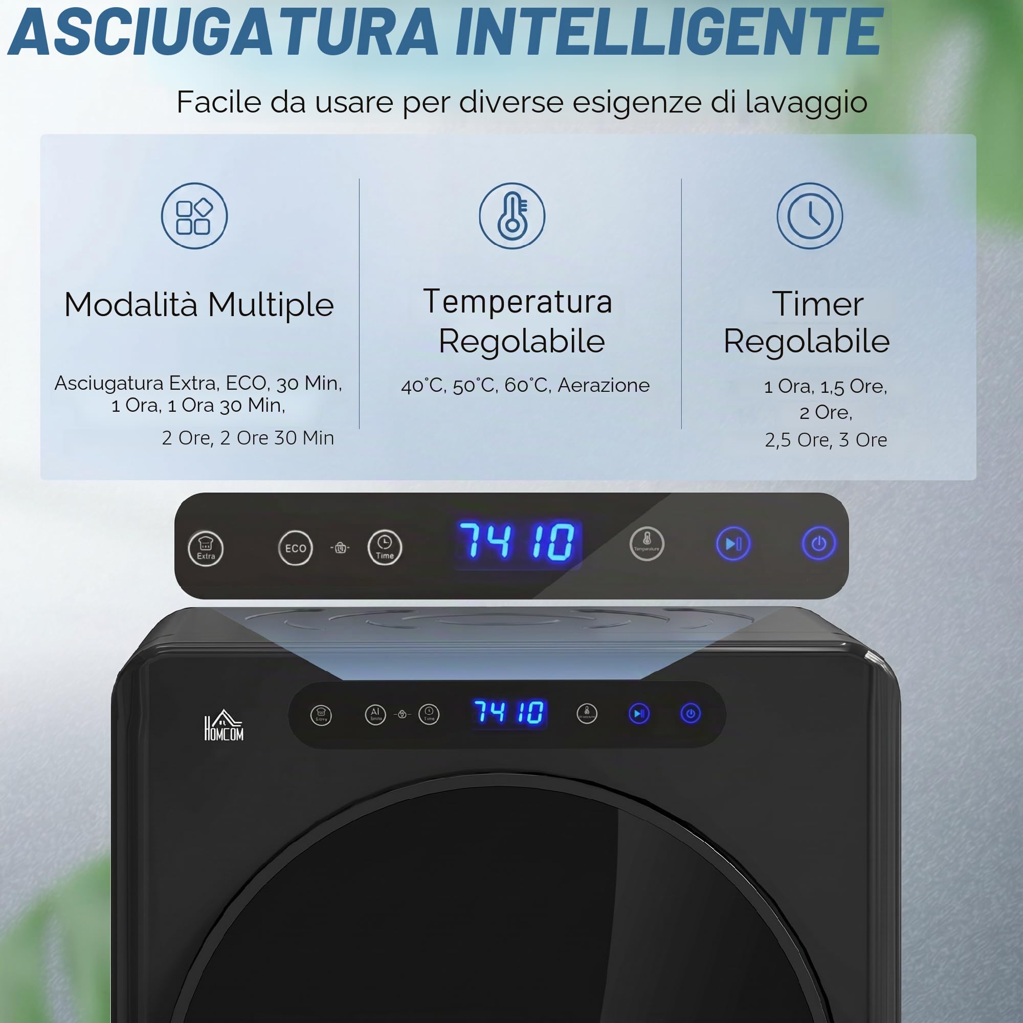 HOMCOM Asciugatrice compatta con evacuazione, asciugatrice elettrica 1000 W 3 Kg con 6 modalità di asciugatura, vasca in acciaio inossidabile, carica frontale, timer, per appartamento, casa, camper