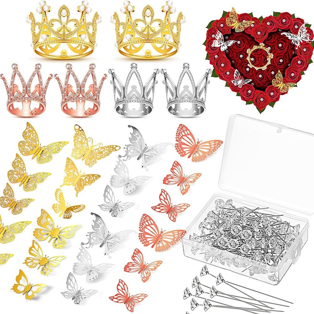 Set 266 Pezzi Decorazioni Floreali E Farfalle 3D - Coroncine Oro, Involucri Neri, Adesivi Farfalla, Spille Strass Per Matrimoni E Fai Da Te - 2