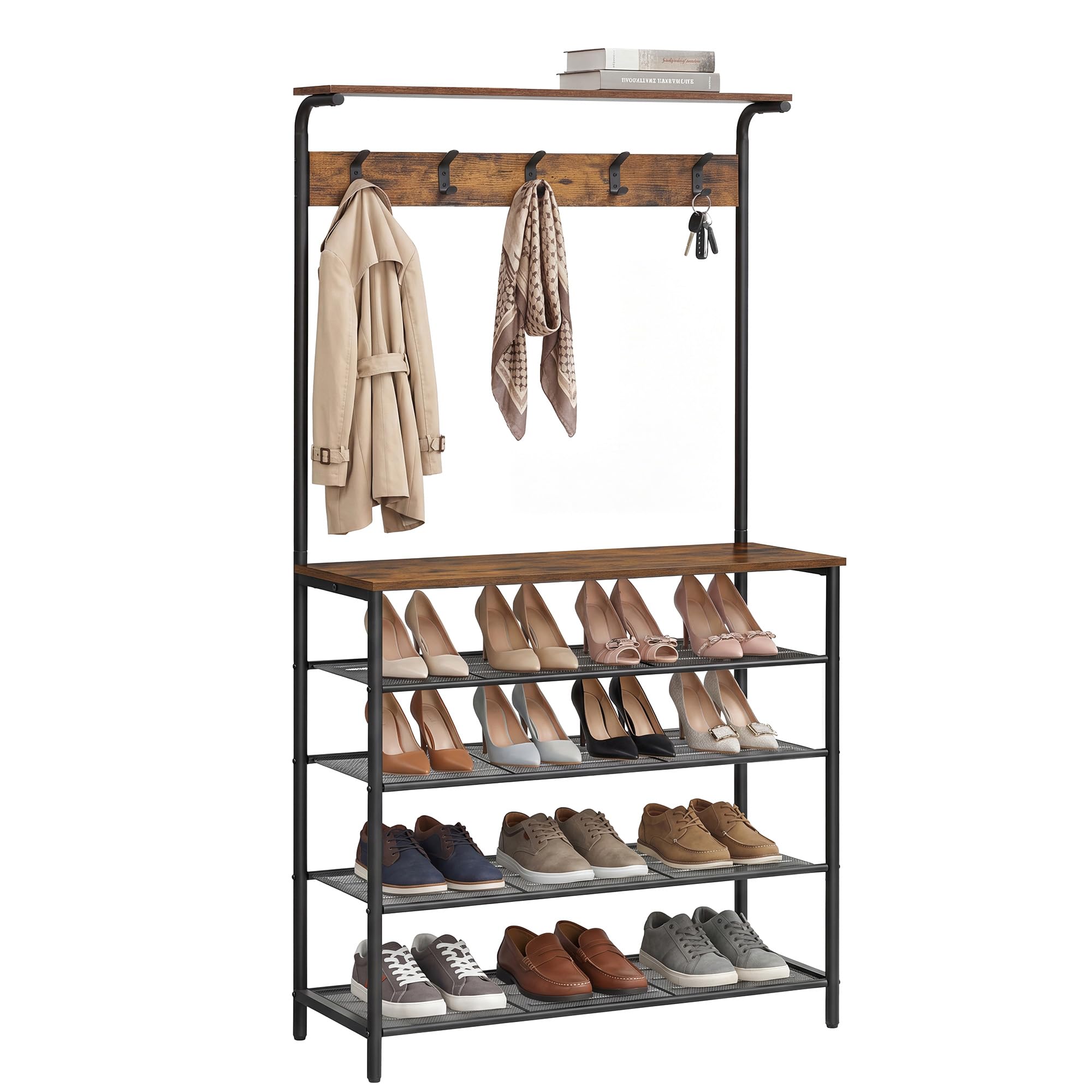 VASAGLE Clothes Rack, Hallway Tree with Shoe Storage, 5 Tier Shoe Rack, Different Height, 5 Double Hooks, Top Shelf, Dormitory in the Corridor Industrial Rustic Brown and Black HSR408B01 โ image 1