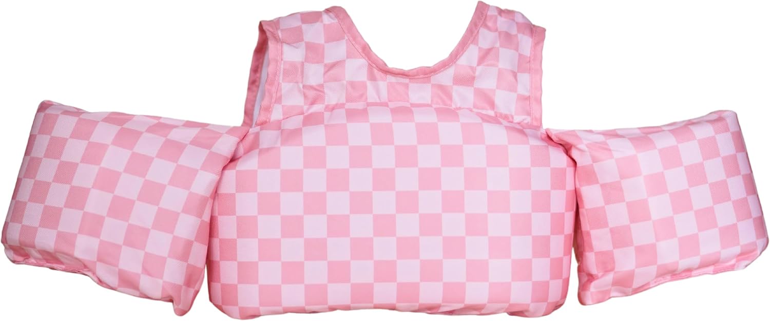 Ava + Oliver Toddler Swim Vest - Toddler Floaties Jacket & Water Wings for Boys & Girls - Durable & Adjustable Fit - Secure & Comfortable Kids Puddle Jumper for Pools (Pink Check)