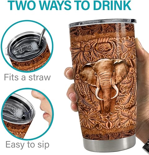 Miniatura 6 de SANDJEST Vaso de elefante con diseño de madera, de 20 onzas, con tapa, regalo para mujeres, niñas, hijas, hermanas, amantes de los animales,