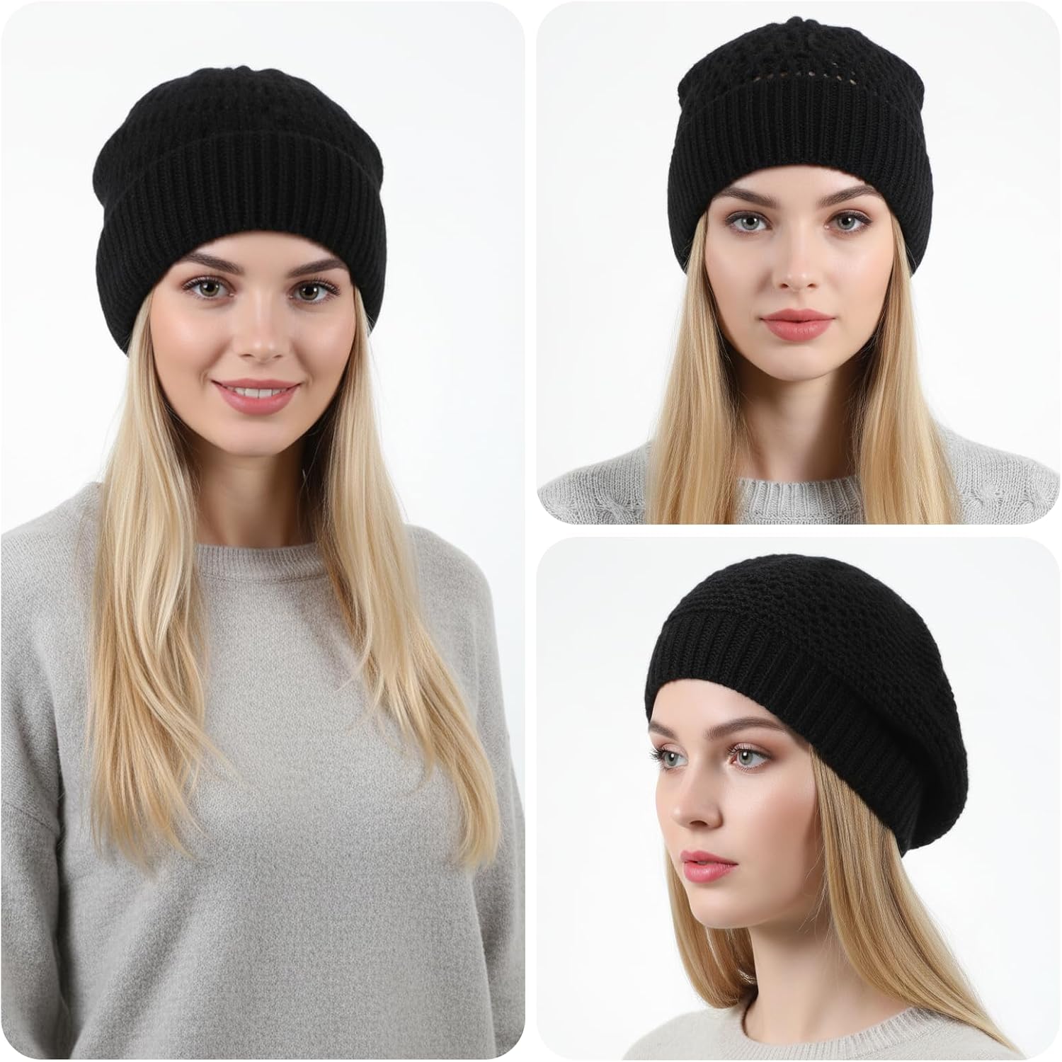 Black Beanies Knit Hat, Boho Black Beanie for Women Ladies, Mesh Slouchy Thin Knitted Hat, Lightweight Crochet Caps Decorative, Hollow Style, Fall, Spring