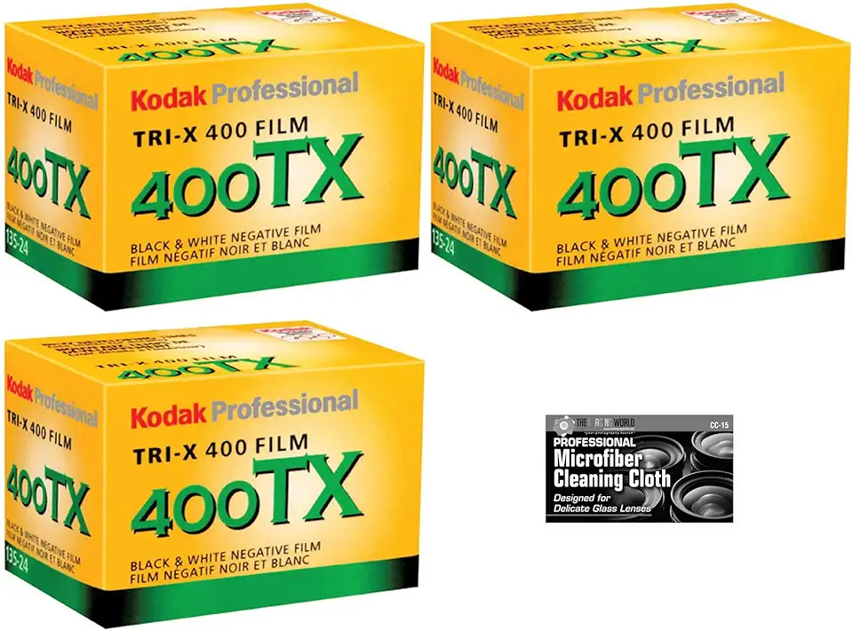 Kodak Professional Tri-X TX 400 Filme negativo preto e branco (filme de rolo de 35 mm, 24 exposições) - pacote com 3 com pano de limpeza