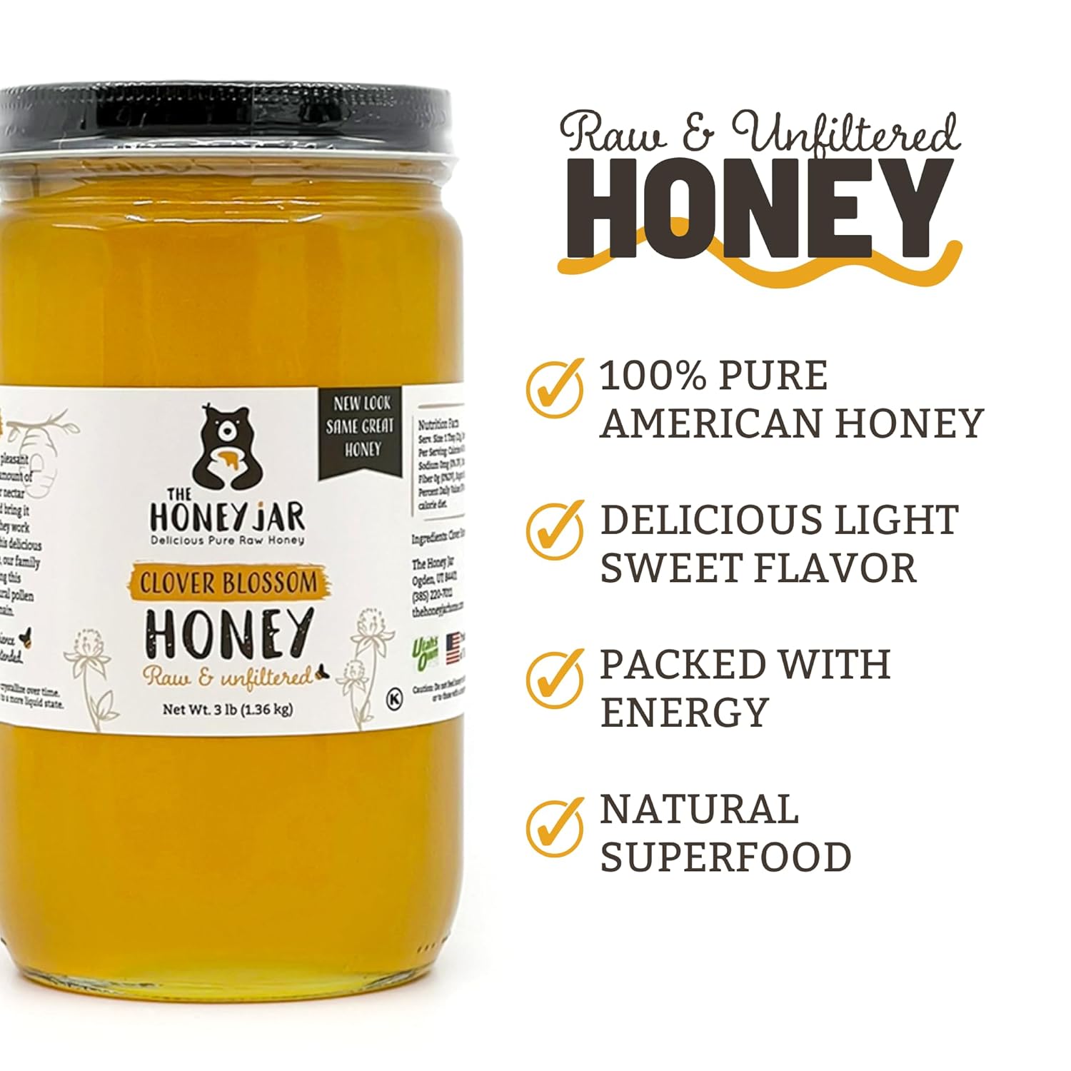 The Honey Jar Raw Clover Honey - Unfiltered and Unpasteurized - Pure Honey Sourced from Family-owned Farms in the USA - 2 x 3lb (48oz) Jars