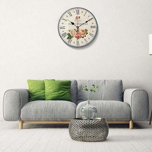 Miniatura 7 de Reloj de pared silencioso de 14 pulgadas sin tictac, números romanos, relojes de flores retro, reloj de pared redondo de madera, funciona con pilas,