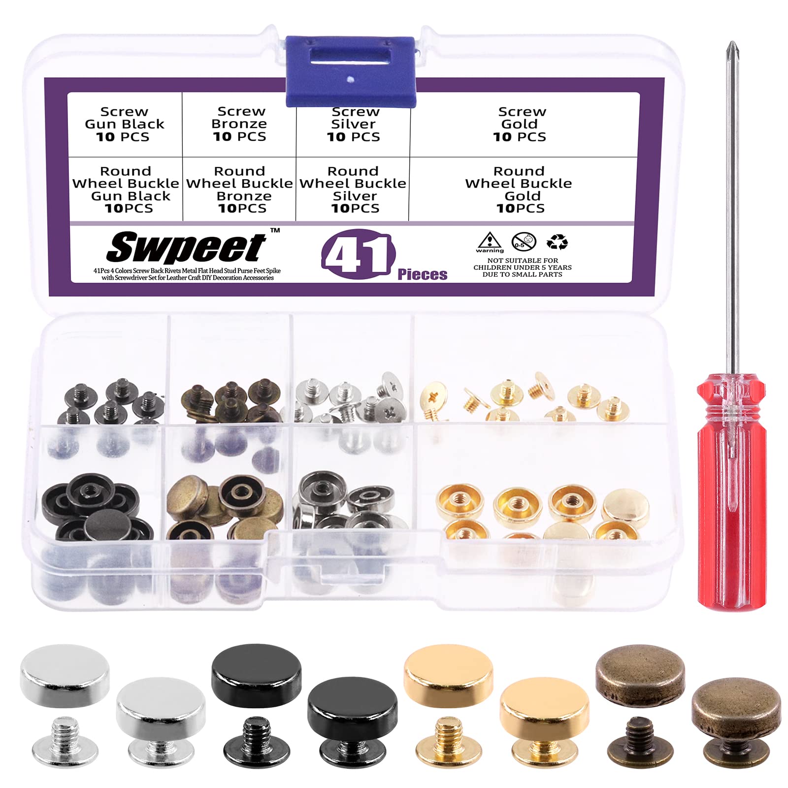 Swpeet 41Pcs 4 Color Screw Back Rivets Stud Set, 40Pcs Round Purse Feet Metal Studs Rivet with Screwdriver, Gold Silver Bronze Gun-Black Metal Flat Head Purse Feet Rivets Stud for Leather Craft DIY