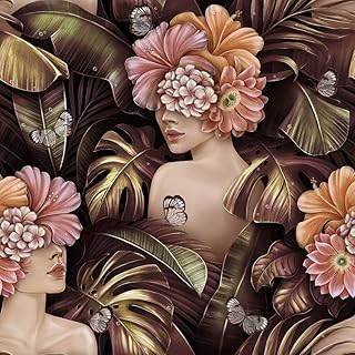 Dark Floral Peel and Stick Wallpaper, Vintage Art Deco Woman Flower Wall...