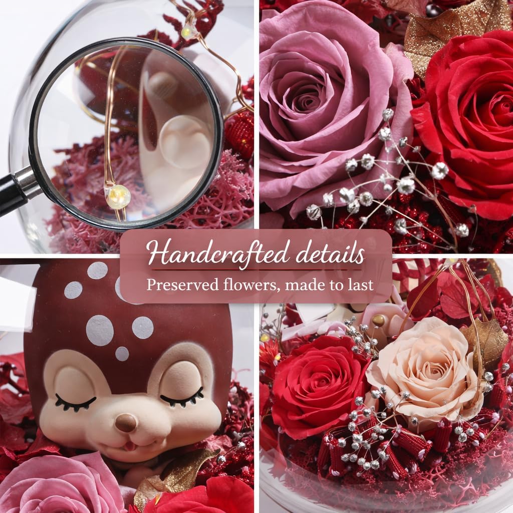 Mother's Day Red Rose Deer Rose Gift Preserved Flower Deer Glass Dome with LED Lights Romantic Gift for Women Birthday Anniversary Valentine's Day Gifts for Her Cute Home Decor