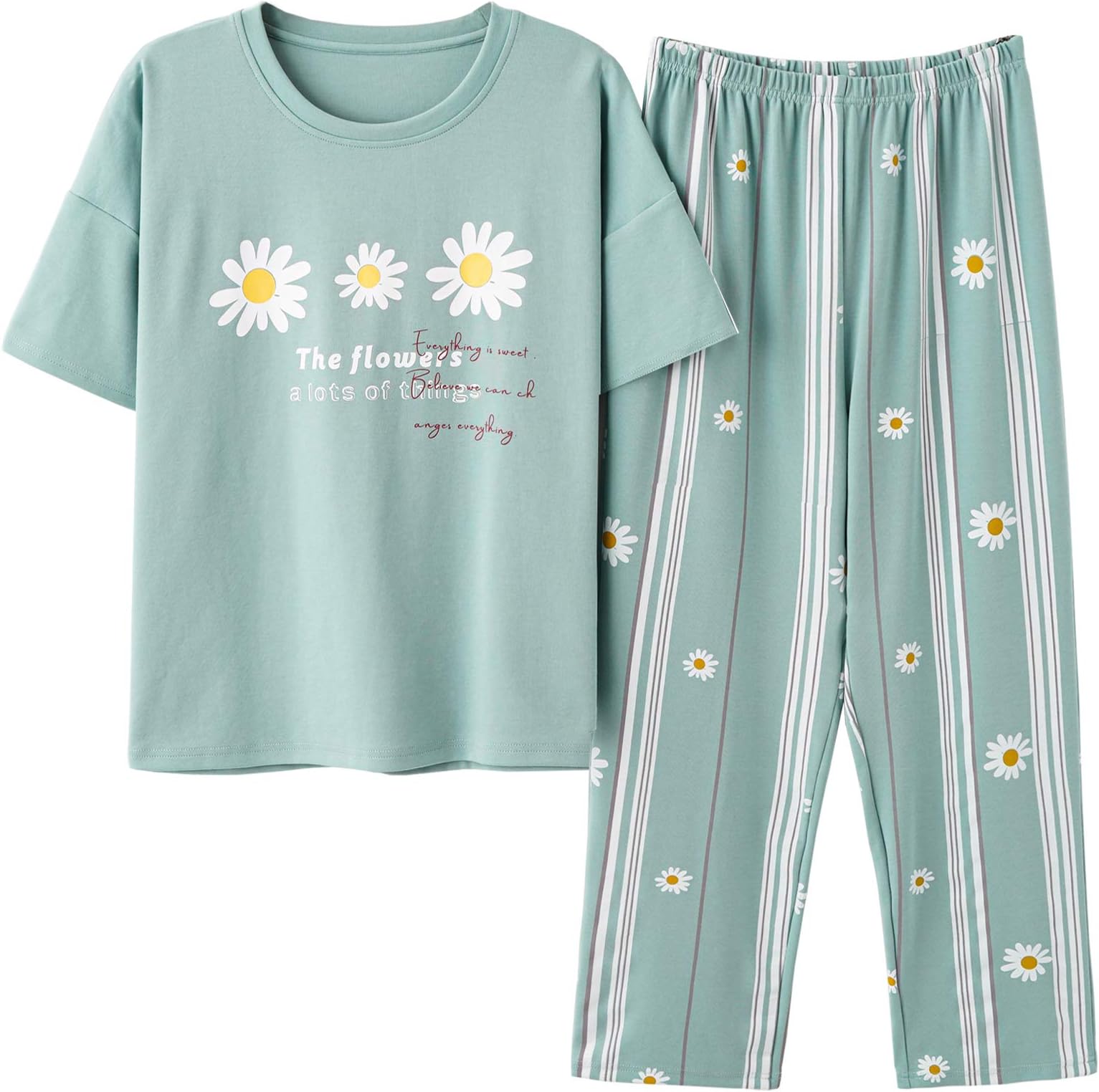 Vopmocld Big Girls' 2-Piece Cotton Pajamas Cute Cat Panda Sleepwear Short Sleeve Long Pants Nighty Sets