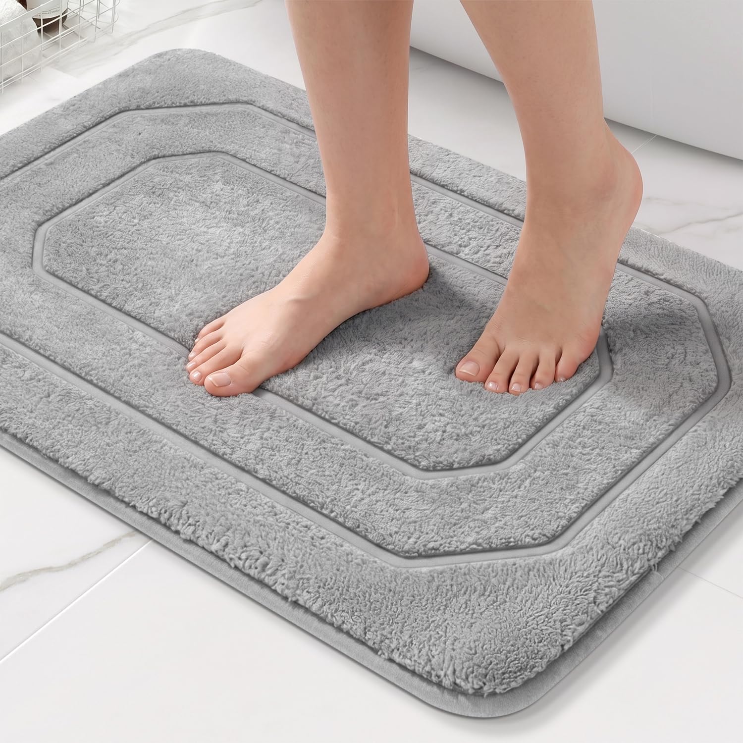 HITSLAM Thick Memory Foam Non Slip Bath Mat 60 x 40cm, Extra Soft Absorbent Bathroom Mat, Machine Washable Bathroom Rug, Quick Dry Bath Mats for Bathroom, Tub and Shower, Grey